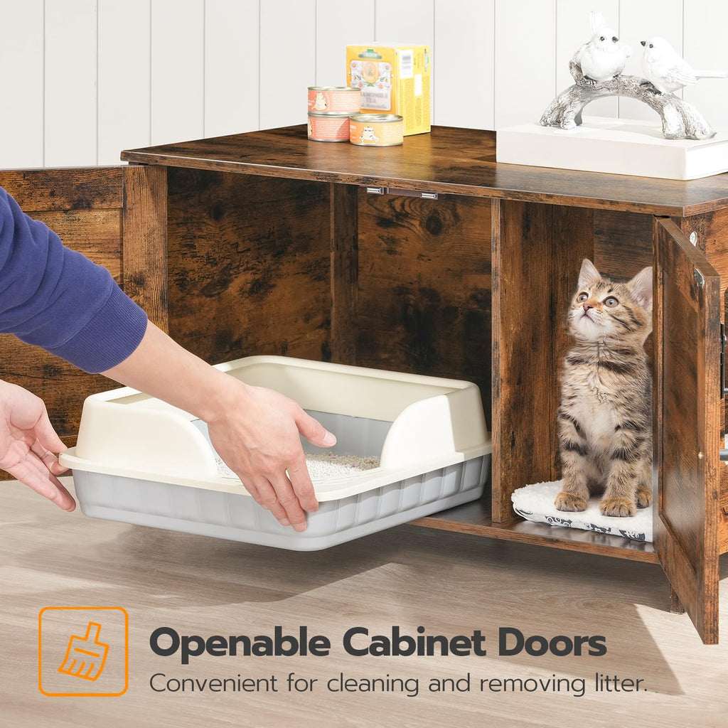 HOOBRO Litter Box Enclosure, Cat Litter Box Furniture with Removable Divider, Large Hidden Litter Box Furniture, Wooden Cat House, End Side Table, 31" L x 17.5" W x 19.7" H, Greige BG03MW01G2