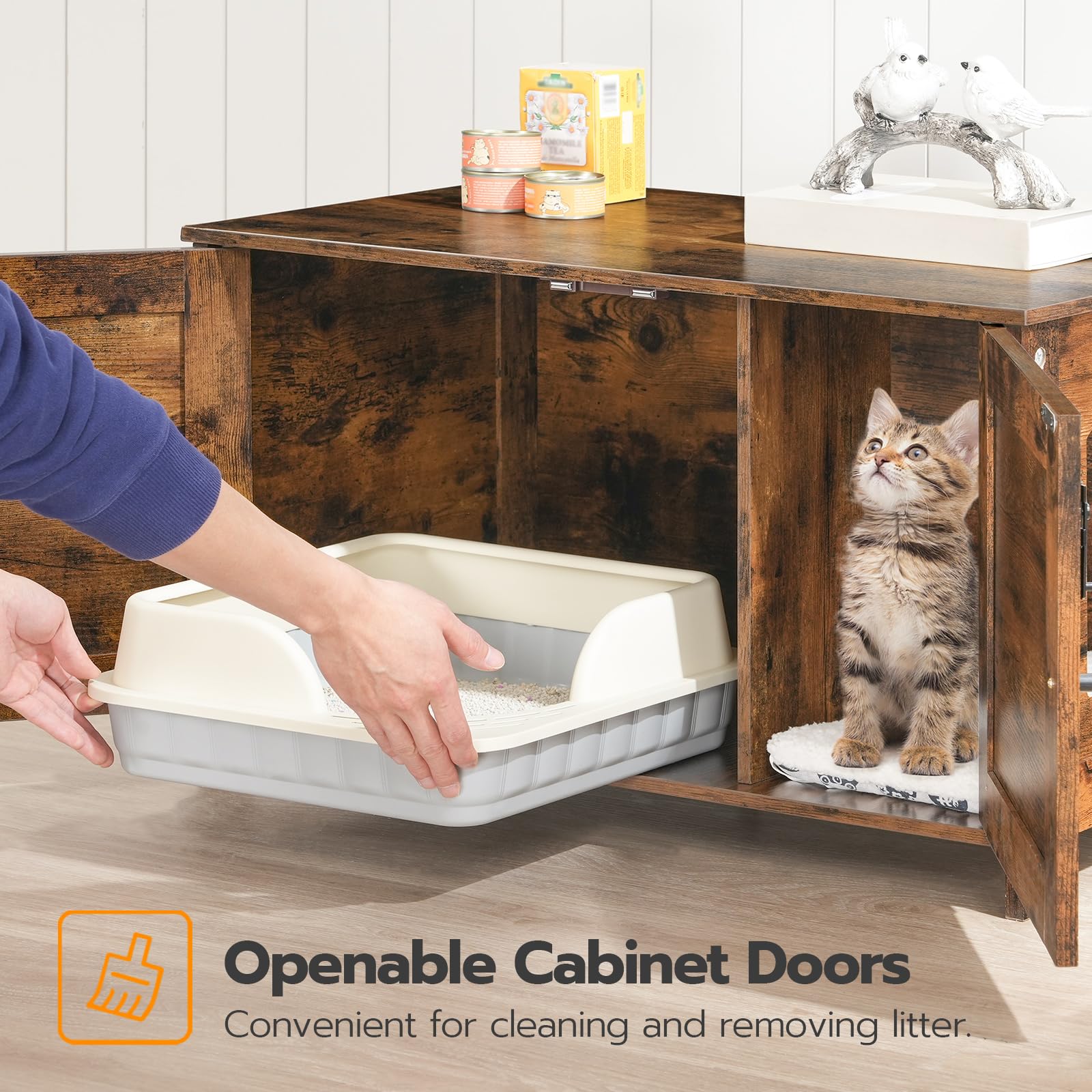 HOOBRO Litter Box Enclosure, Cat Litter Box Furniture with Removable Divider, Large Hidden Litter Box Furniture, Wooden Cat House, End Side Table, 31" L x 17.5" W x 19.7" H, Greige BG03MW01G2