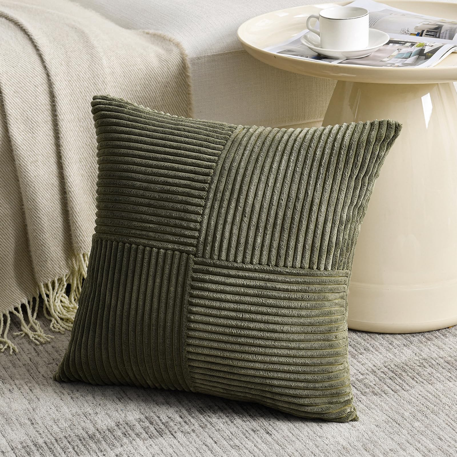 Fancy Homi Olive Green Samll Decorative Throw Pillow Covers 12x12 Inch with for Living Room Couch Bed Sofa, Rustic Farmhouse Boho Home Decor, Soft Corss Patchwork Corduroy Square Cushion Case 30x30 cm