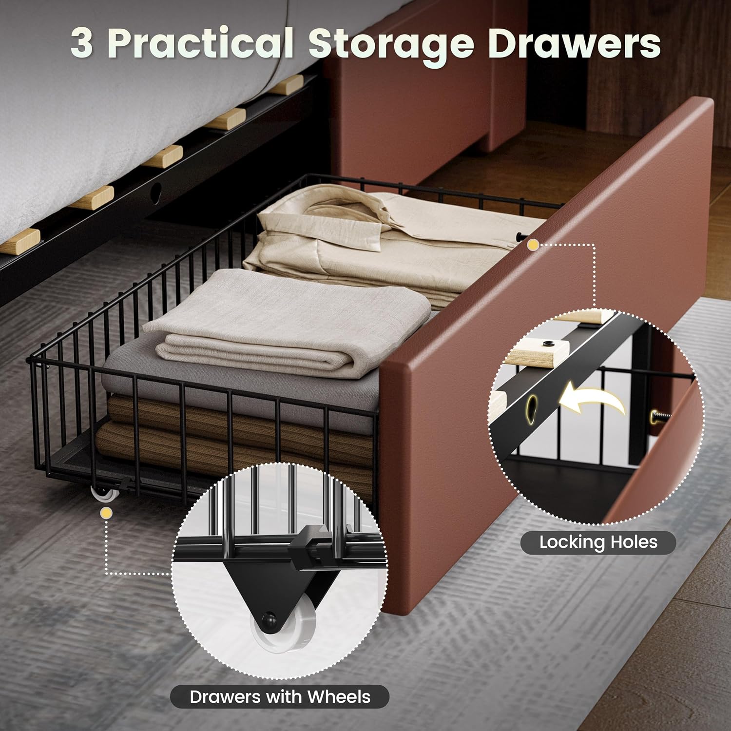 ANCTOR King Bed Frame with 3 Storage Drawers, Storage Headbord with Charging Station, Platform Bed Frame for Bedroom, Living Room, No Box Spring, Faux Leather, Brown