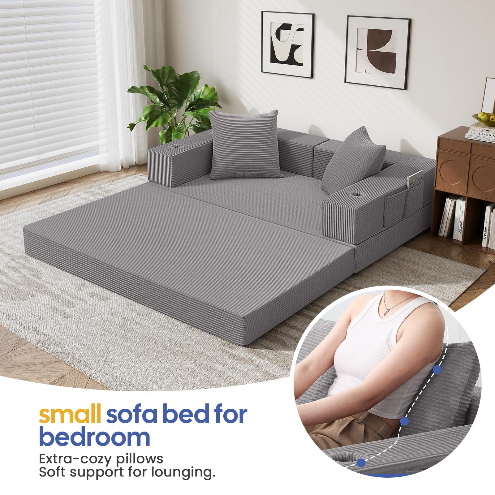 COMAX Futon Sofa Bed, 4‑in‑1 Convertible Sofa Bed, Folding Boneless Couches | Boneless Couch for living room, Fold Out Small Foldable Loveseat Floor Sleeper Mattress Lounge Space‑Saving, Ash Gray