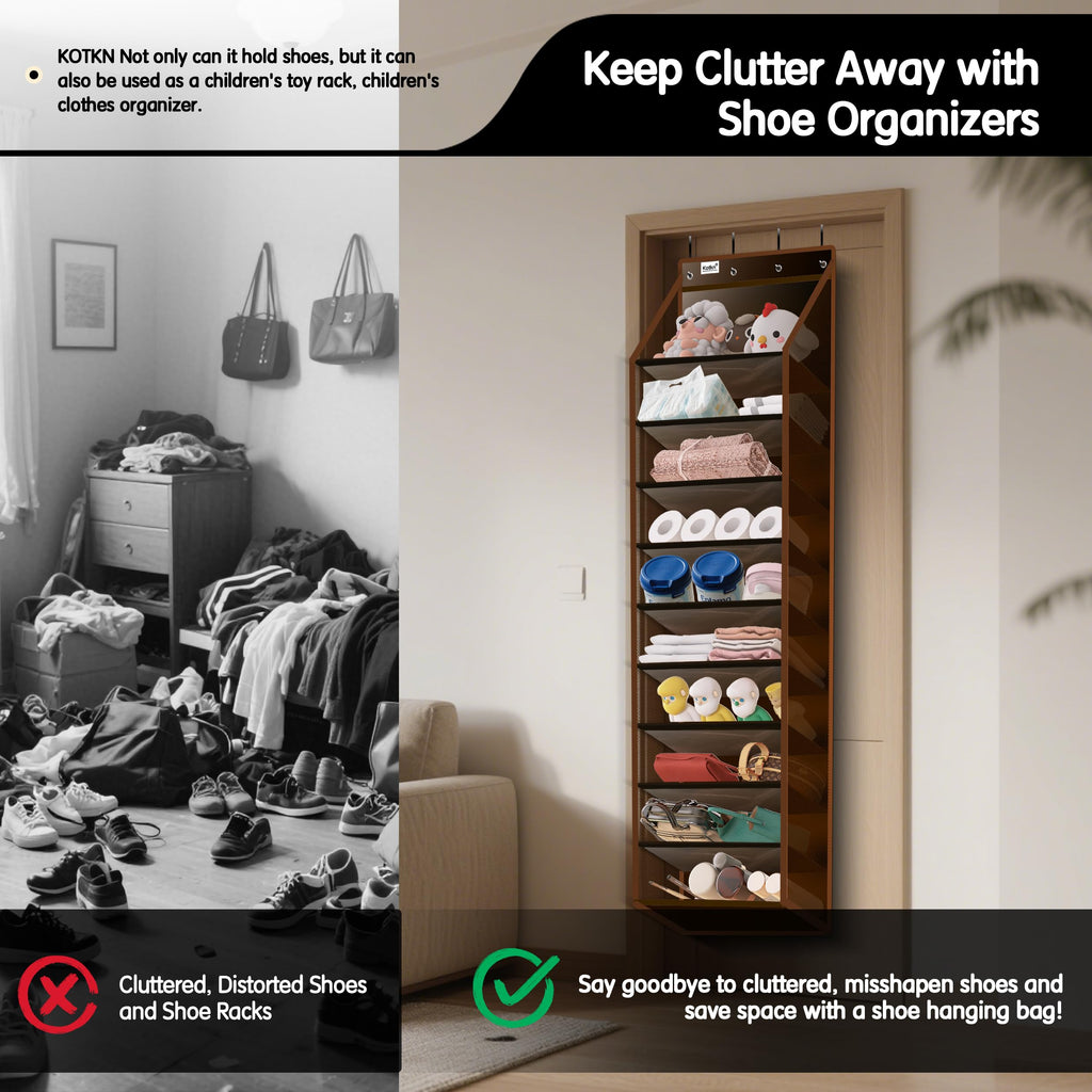 Kotkn 10 Tier Over The Door Organizer - Heavy Duty Hanging Storage Rack with Sturdy Oxford Fabric, Holds 20+ Pairs of Footwear, Boots & Sneakers, Saves 50% Closet Space(Beige)
