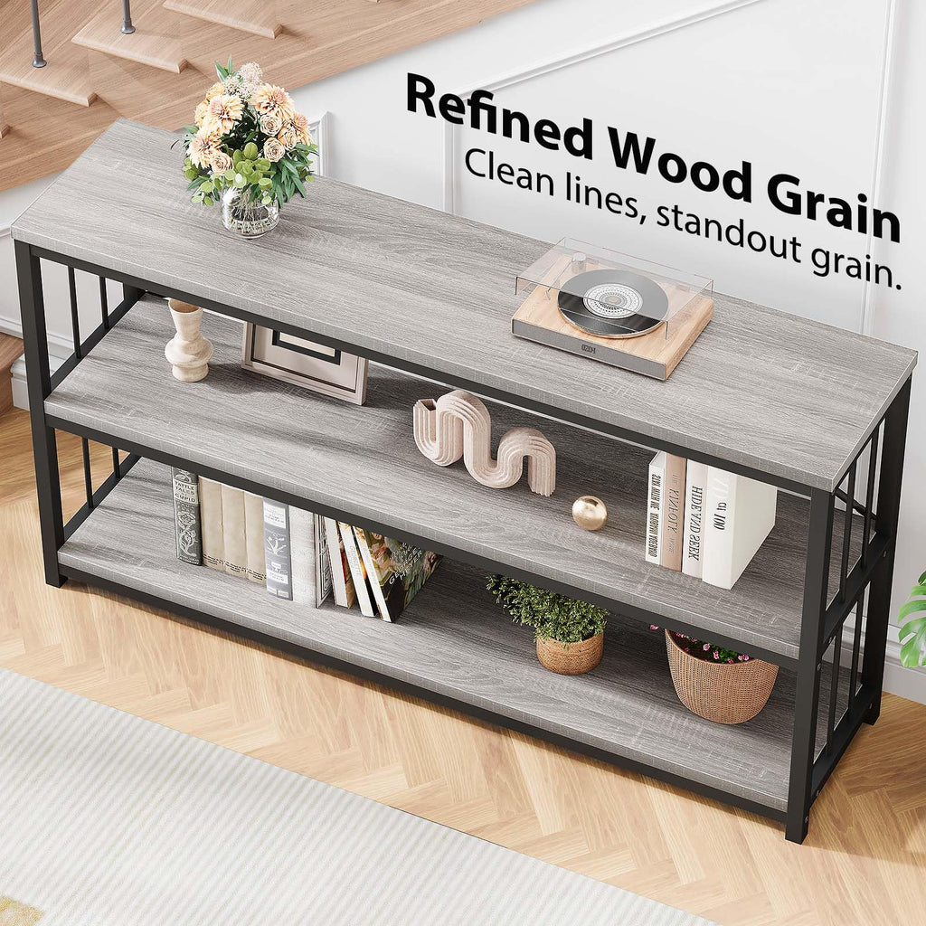 LVB Black Console Table, Modern Entryway Table for Hallway Living Room, Industrial Sofa Table Behind Couch, Farmhouse Wooden Metal Entry Table for Foyer with 3-Tier Storage Shelves, Black Oak, 55 Inch