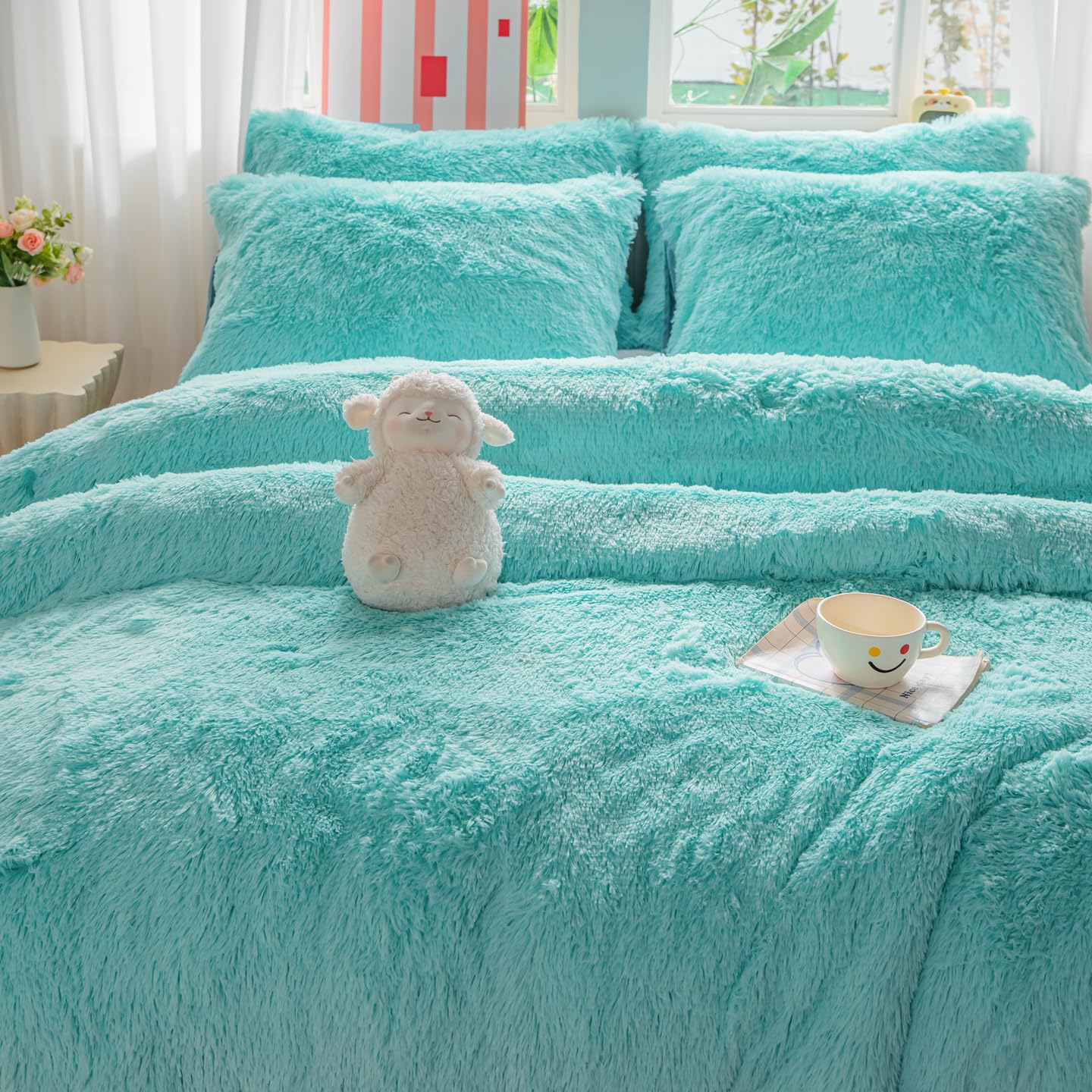 Faux Fur Kids Girls Purple Rainbow Comforter Sets Twin/Full - 3PC Bed Set Warm Comfortable Soft Plush Flannel Velvet Fluffy Fuzzy Bedding（Comforter x 1 Pillowcases x 2）