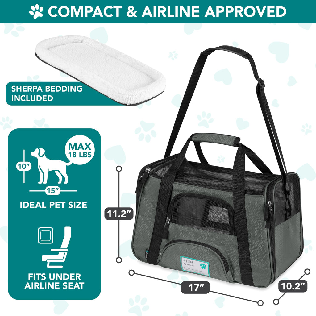 PetAmi Airline Approved Pet Carrier for Cats & Small Dogs, Soft Sided TSA Travel Carrier Bag with Sherpa Bed, Breathable Mesh Ventilation, Collapsible Bowl, Fits Under Seat, Up to 18 lbs, Small Black