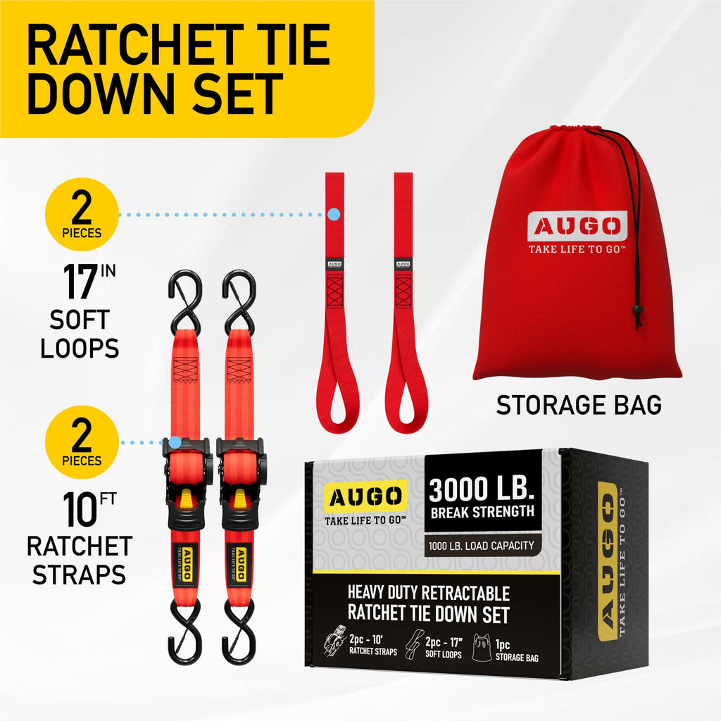 AUGO Retractable Ratchet Straps | 2 Heavy Duty Ratchet Straps Self Retractable Tie Downs with Soft Loops & Storage Bag for Motorcycle, Truck, Trailer, Cargo Van | 1200 Lb Break Strength 1” x 10’