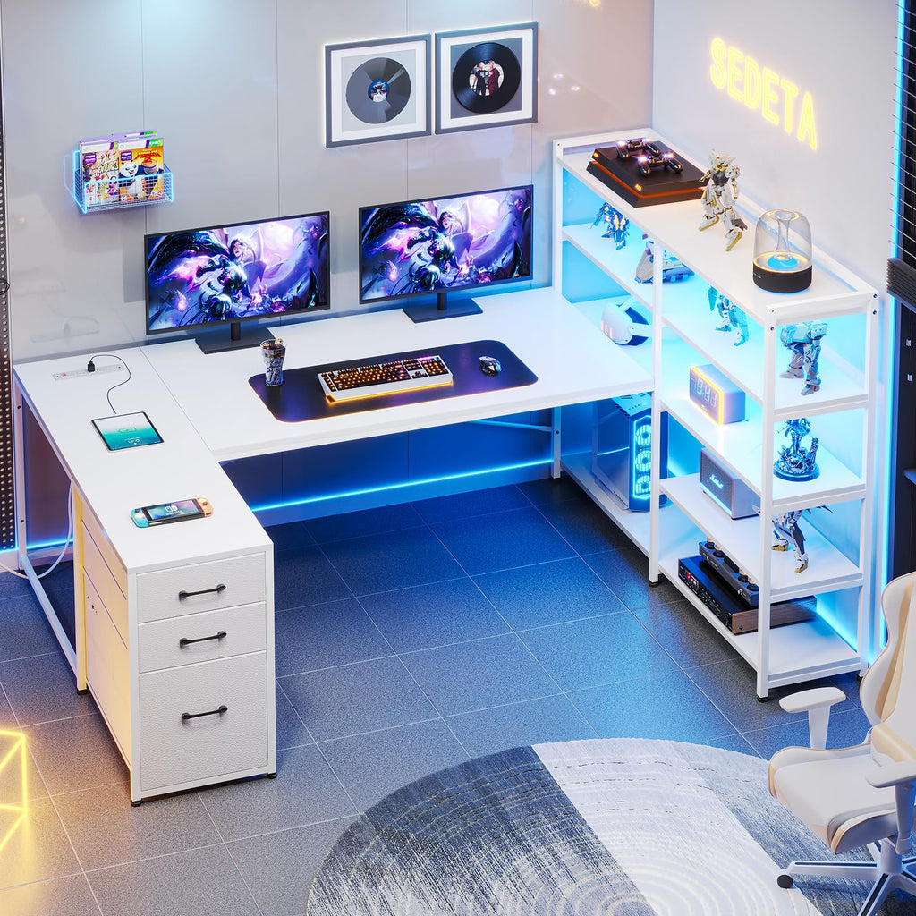 SEDETA L Shaped Gaming Desk, Reversible U Shaped Computer Desk with Power Outlet and Storage Shelves, Corner Gaming Desk with LED Lights, 3 Fabric Drawers, Black