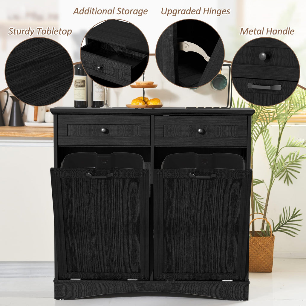 AHB Double Tilt Out Trash Can Cabinet Freestanding Kitchen Trash Can, 2x13 Gallons Hidden Garbage Recycling Cabinet with Hideaway Drawers Pet Proof Trash Can Holder for Kitchen, Antique White