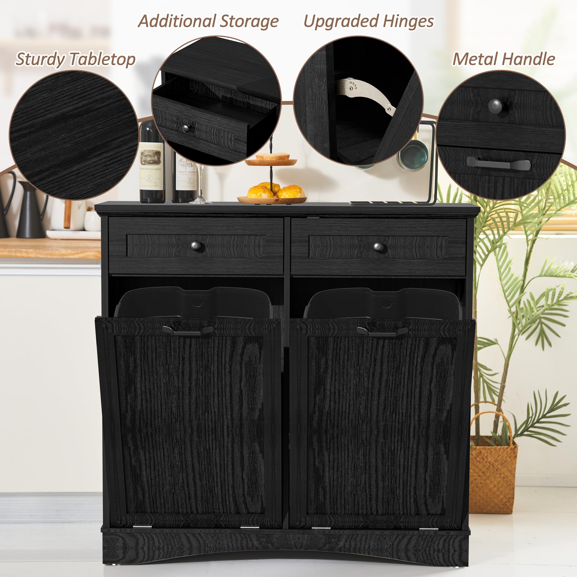 AHB Double Tilt Out Trash Can Cabinet Freestanding Kitchen Trash Can, 2x13 Gallons Hidden Garbage Recycling Cabinet with Hideaway Drawers Pet Proof Trash Can Holder for Kitchen, Antique White