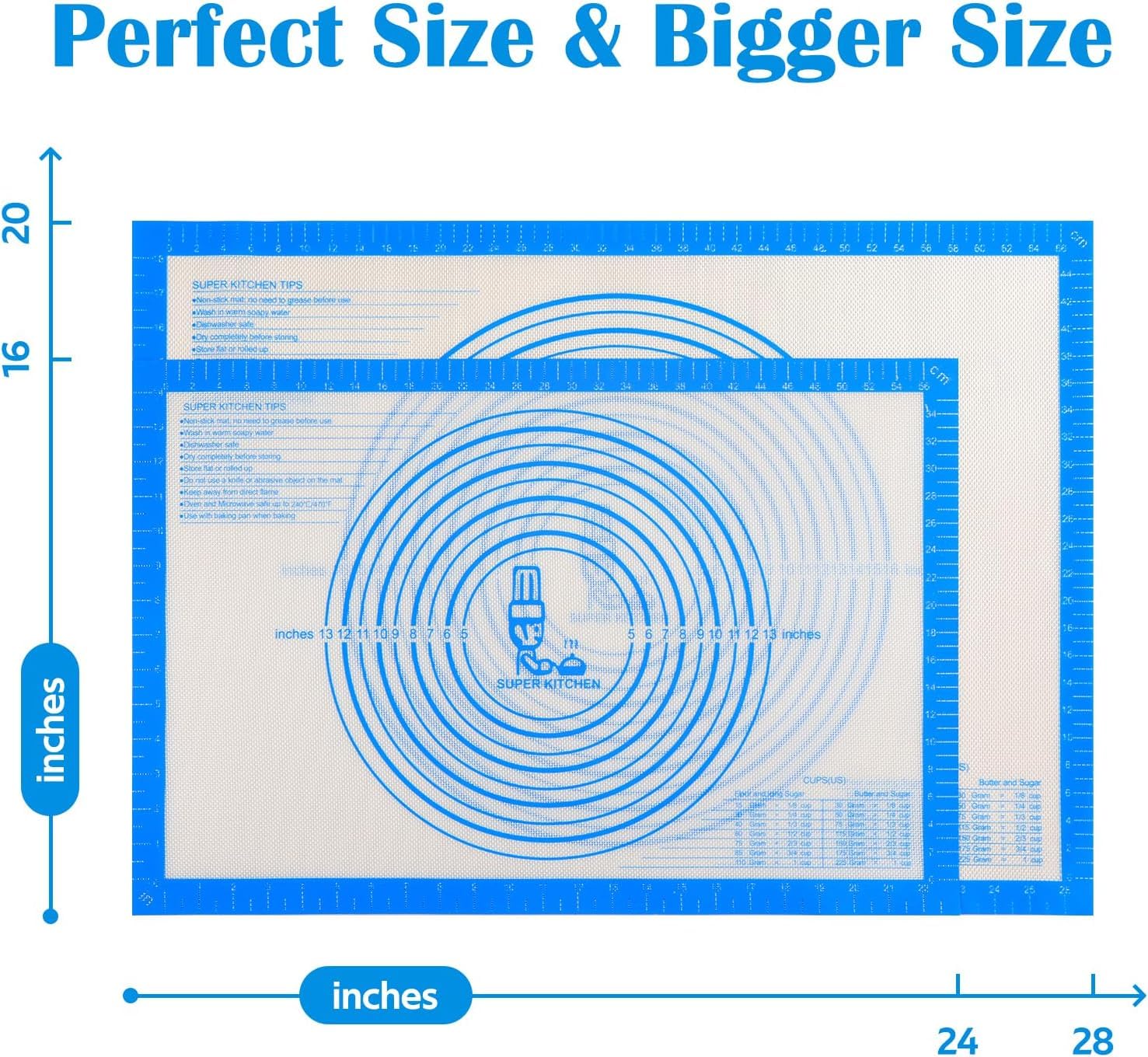 Nonstick Silicone Pastry Baking Mat Large with Measurements 16''By 20'' for Silicone Baking Mat, Counter, Dough Rolling/Pie Crust Pad By Folksy Super Kitchen (16×20, Blue)