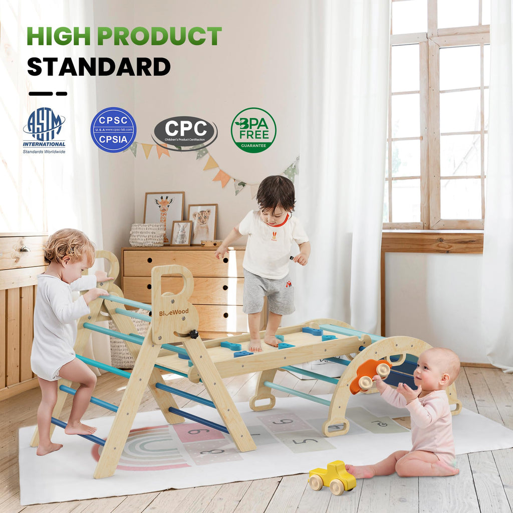 BlueWood Pikler Triangle Set with Safe Handle, Foldable 7-in-1 Montessori Toddler Climbing Toys Indoor, Wooden Pickler Climbing Set, Baby Jungle Gym & Playground, Climbing Toys for 1-3 Year, Colorful