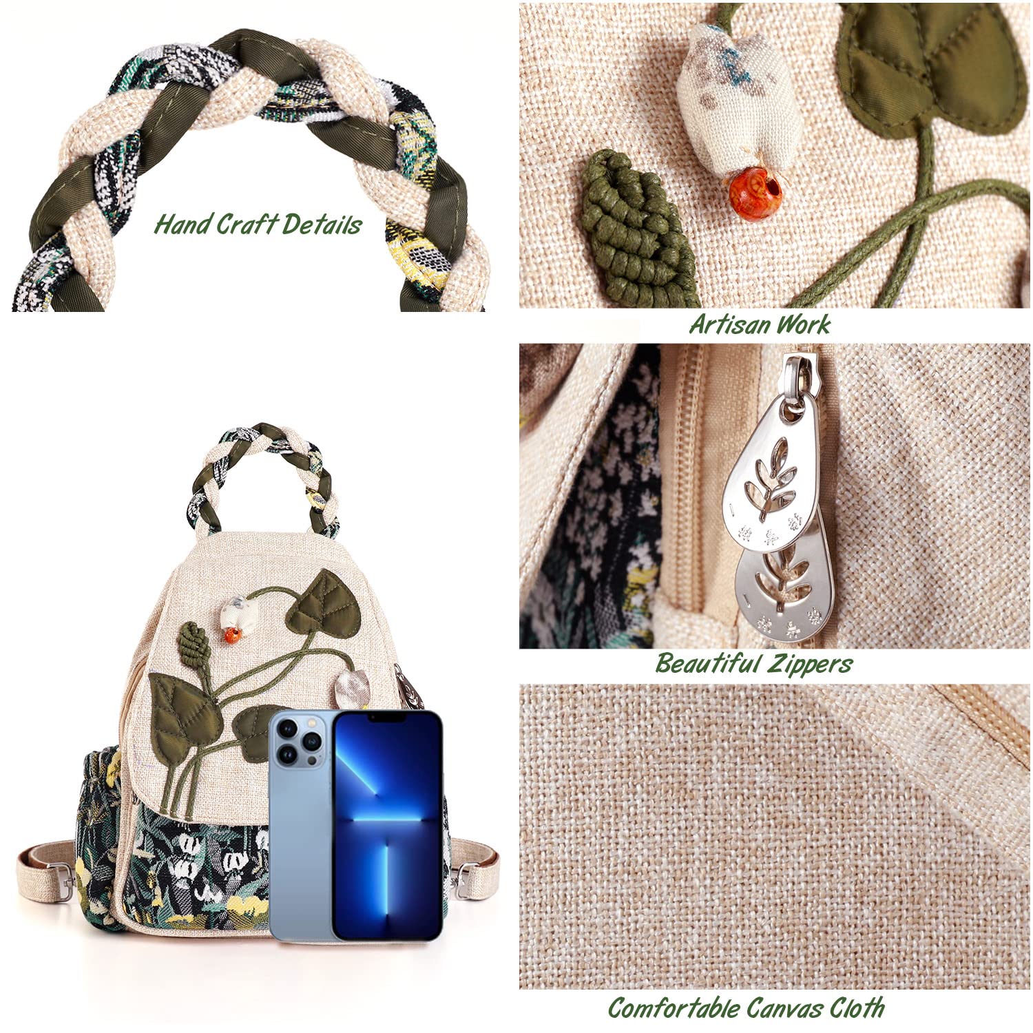 Ladys Convertible Sling Bag, Hand Craft Artisan Purse, Girls Beautiful Canvas Premium Casual Day Mini Backpack for Women (Flower Bee)