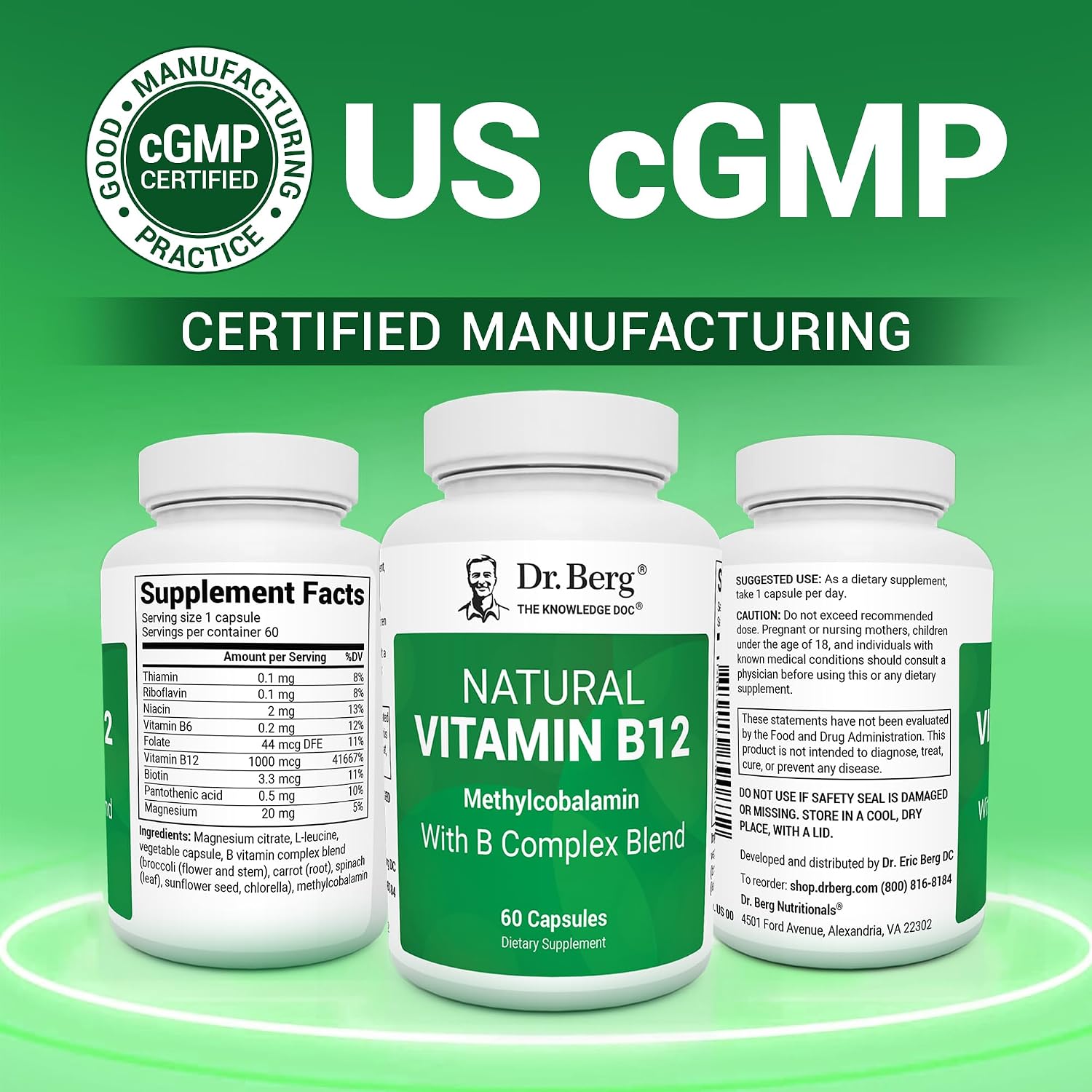 Dr. Berg Natural Vitamin B12 1000 mcg with B Complex Blend - Methylcobalamin B12 for Energy, Nerve Health, and Cognitive Function* - Methylated B12 with Folate - 60 Capsules (2-Month Supply)
