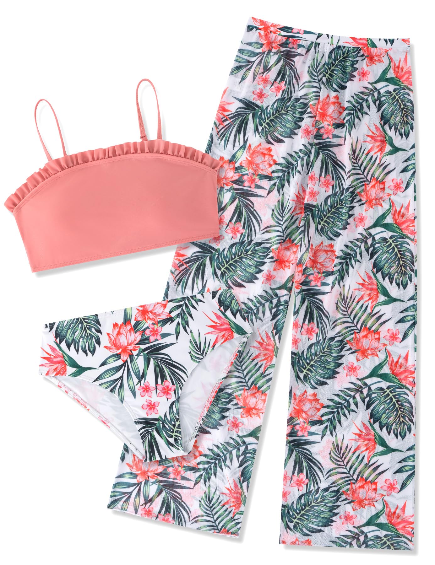 Vogseek 6-16T Girls 3 Pieces Bikini Bathing Suit with Rash Guard Pants Quick Dry Swimwear Cover-Up Sets
