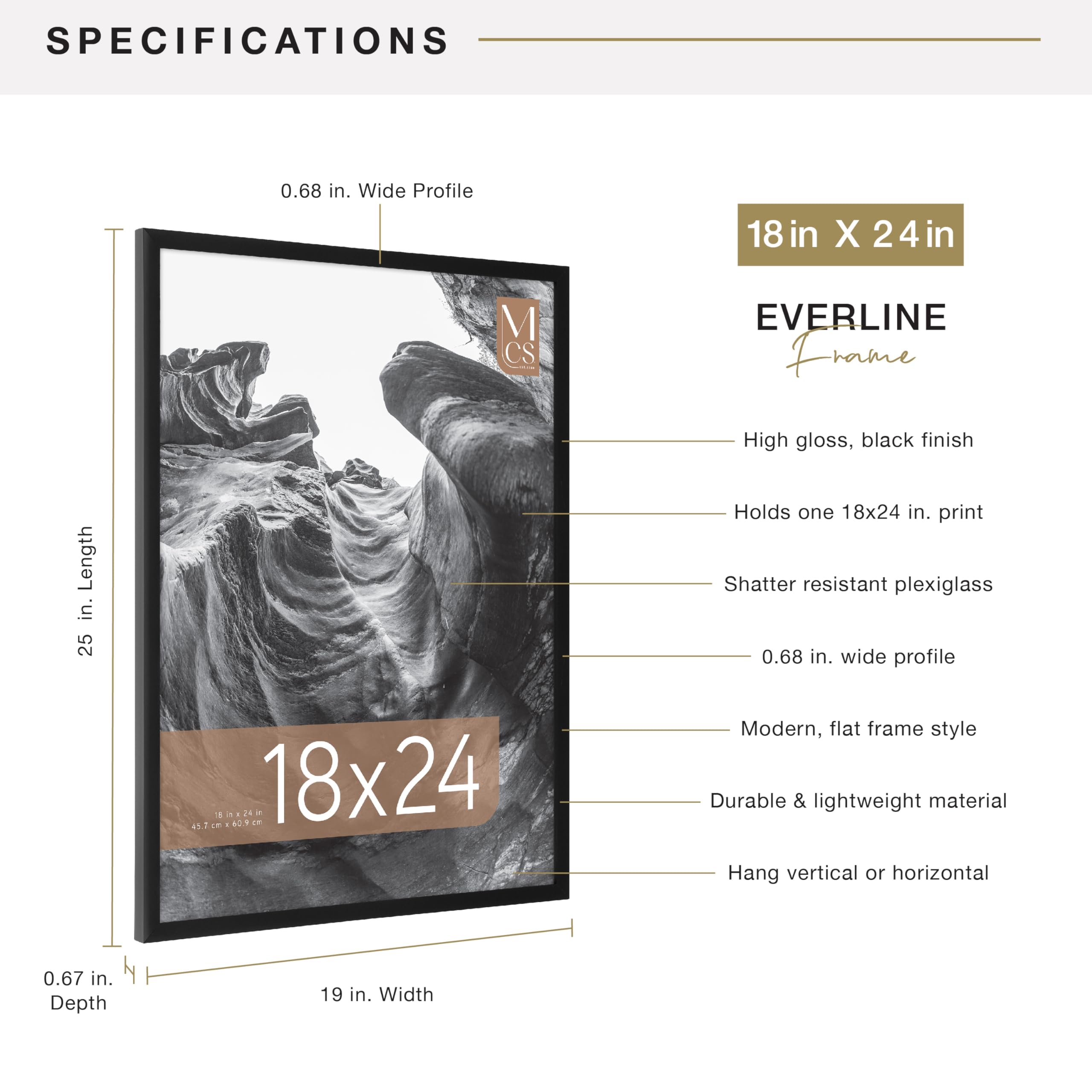 MCS Everline Collection 14x20 Matted Poster Frame with 11x17 Picture Display, Black Vertical & Horizontal Wall Hanging Large Frame for Photos, Posters & Art Prints (1-Pack)