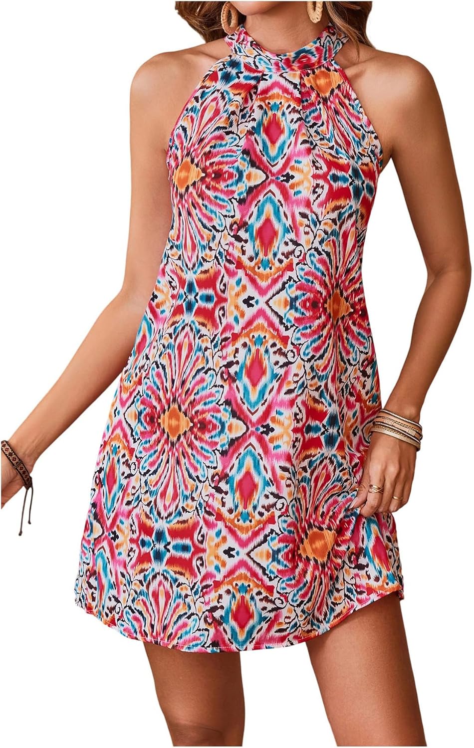 Floerns Women's Sleeveless Floral Print Sundress Halter Neck A Line Short Dress