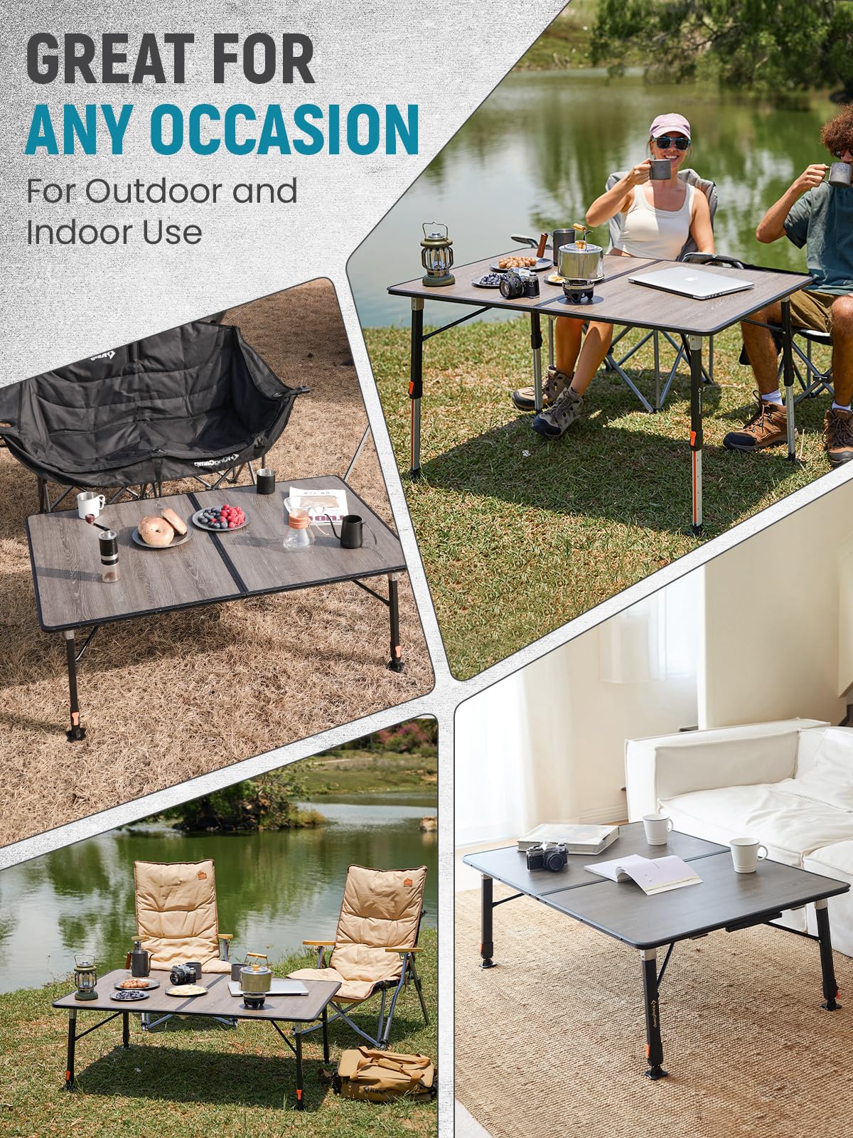 KingCamp Bamboo Folding Table, 4-Fold Camping Adjustable Height Portable Outdoor Lightweight & Compact Table with Aluminum Frame for RV Picnic BBQ Tailgating
