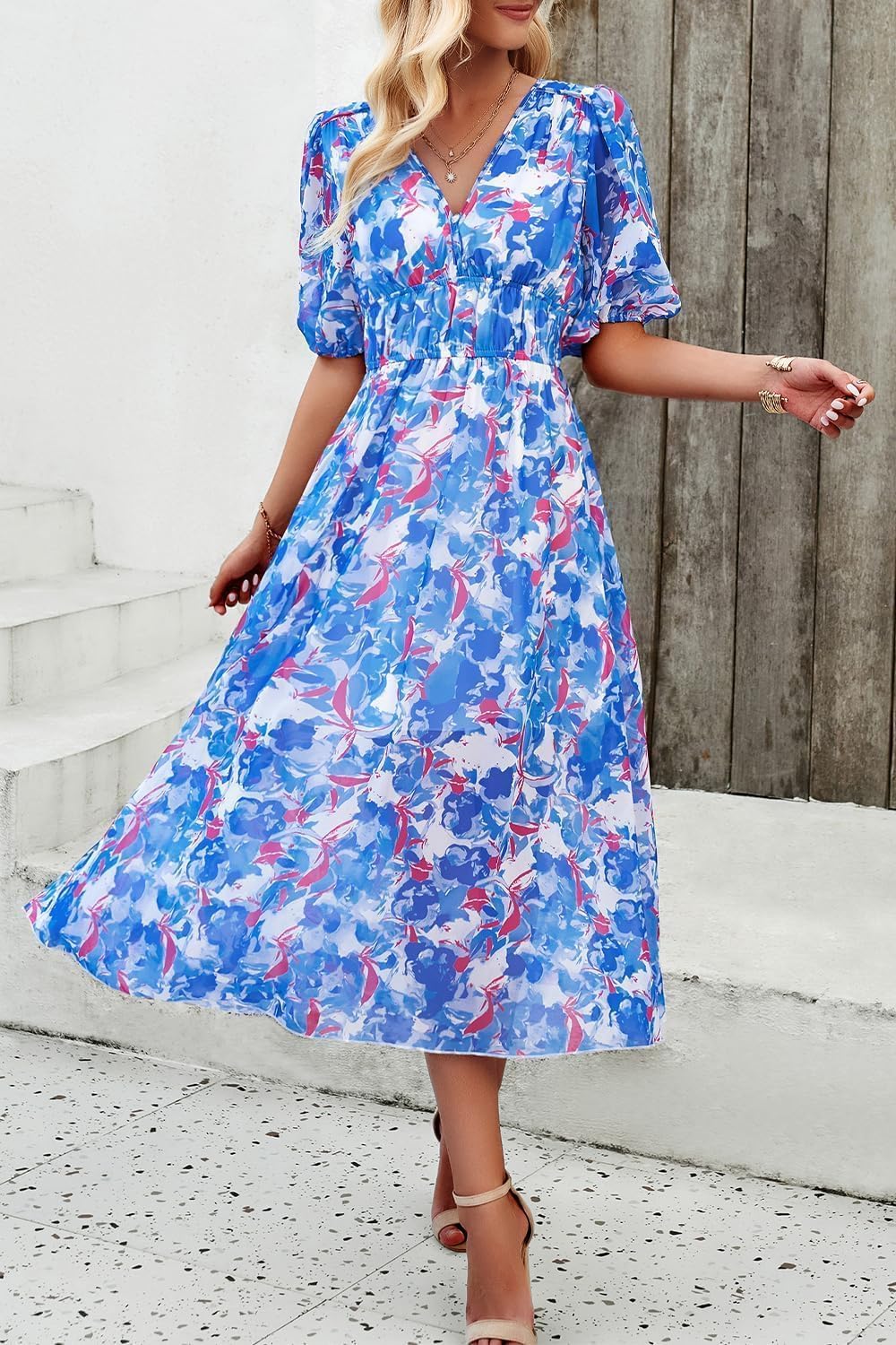 UEAL Womens Floral Flowy Wrap V Neck Midi Dress Short Sleeve Elastic Waist Casual Spring Summer Dresses for Women 2025