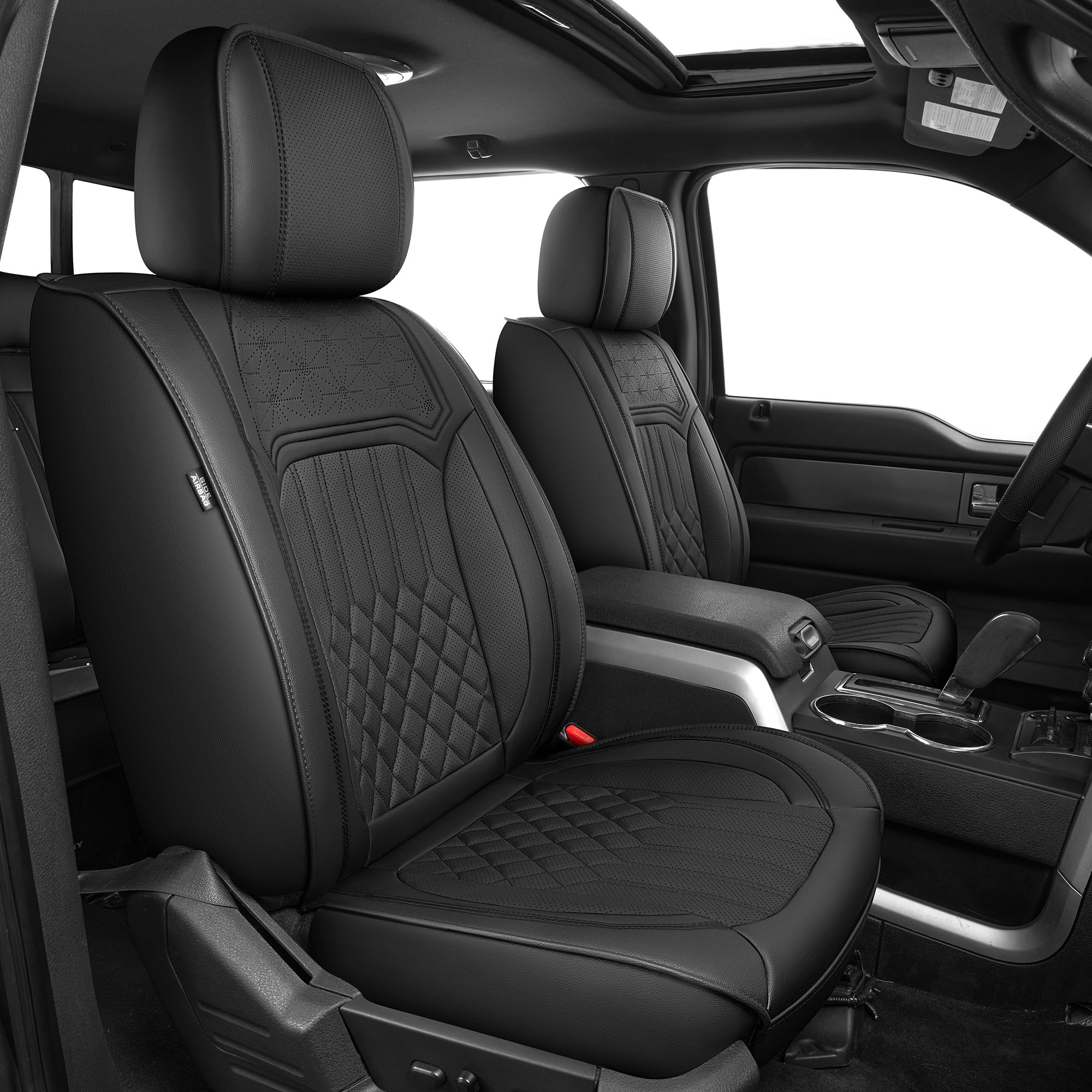 AOMSAZTO Seat Covers Fit for Ford F150 : 2009-2024 2025 2026 - F250/F350/F450 2017-2024 2025 2026 Truck Pick-up Front Car Seat Covers Faux Leather(Blackline, 2PCS Front)