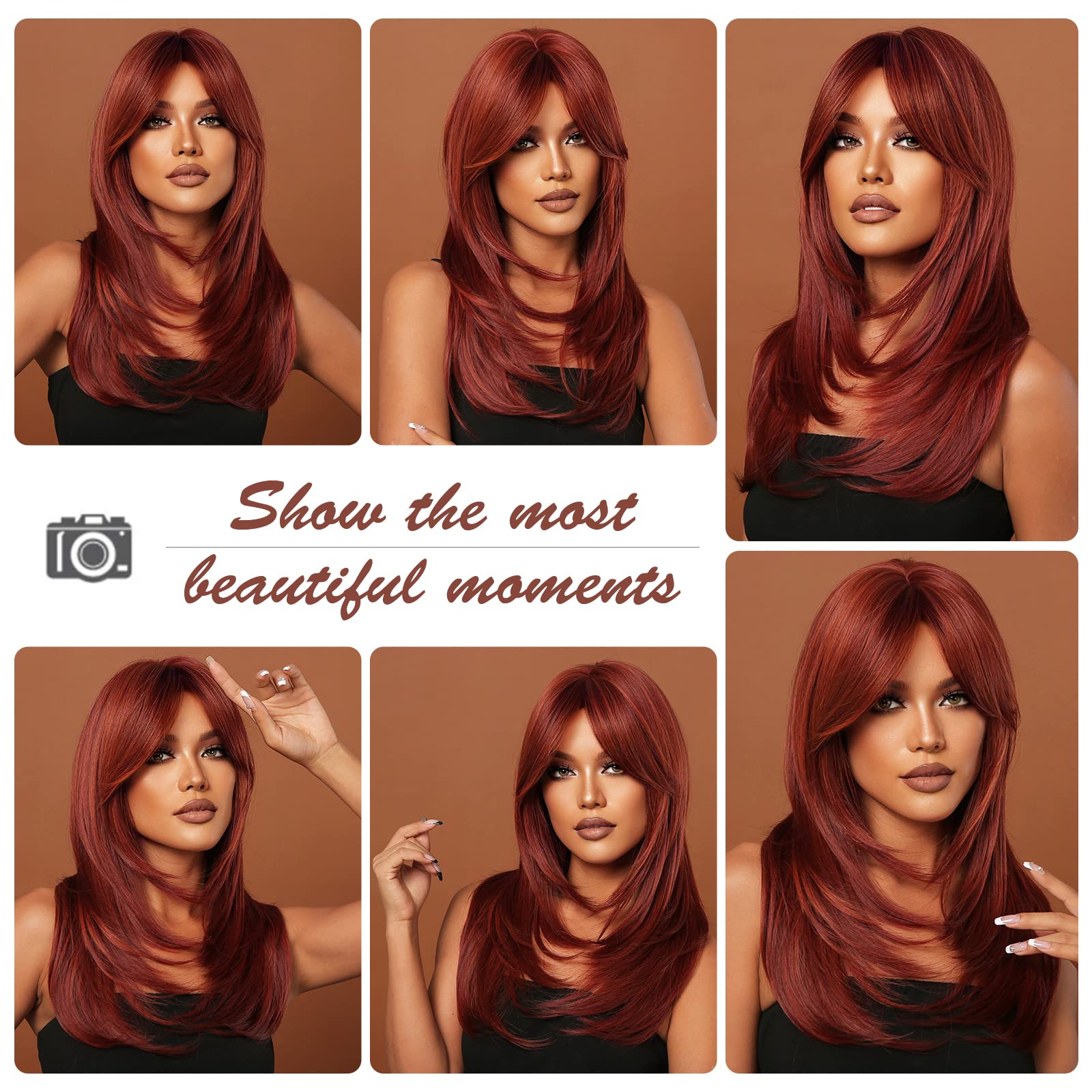 HAIRCUBE Auburn Wigs for Women,Long Layered Orange Wigs with Bangs Heat Resistant Synthetic Fibre Wigs(pelucas de cabello natural)
