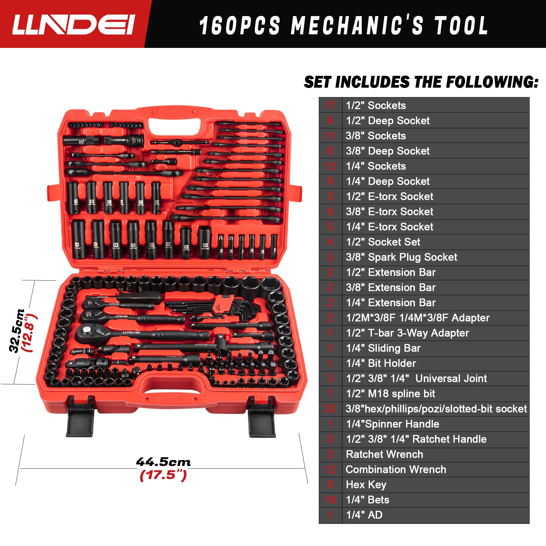 LLNDEI 1/2 inch Drive Deep Impact Socket Set, 37 Piece Standard SAE 3/8" to 1-1/4" | Metric 8 to 24mm, Includes Spark Plug Socket (16, 21mm), CR-MO Universal Joint, Extension Bars and Adapter