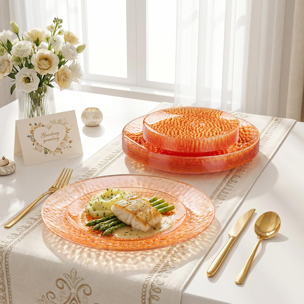 Rubtlamp 100Pcs Amber Gold Plastic Plates, Disposable Plates With Gold Rim, Heavy-duty Party Platos, Hammered Plastic Plates Include 50 Clear Dessert Plates, 50 Dinner Plates for Party
