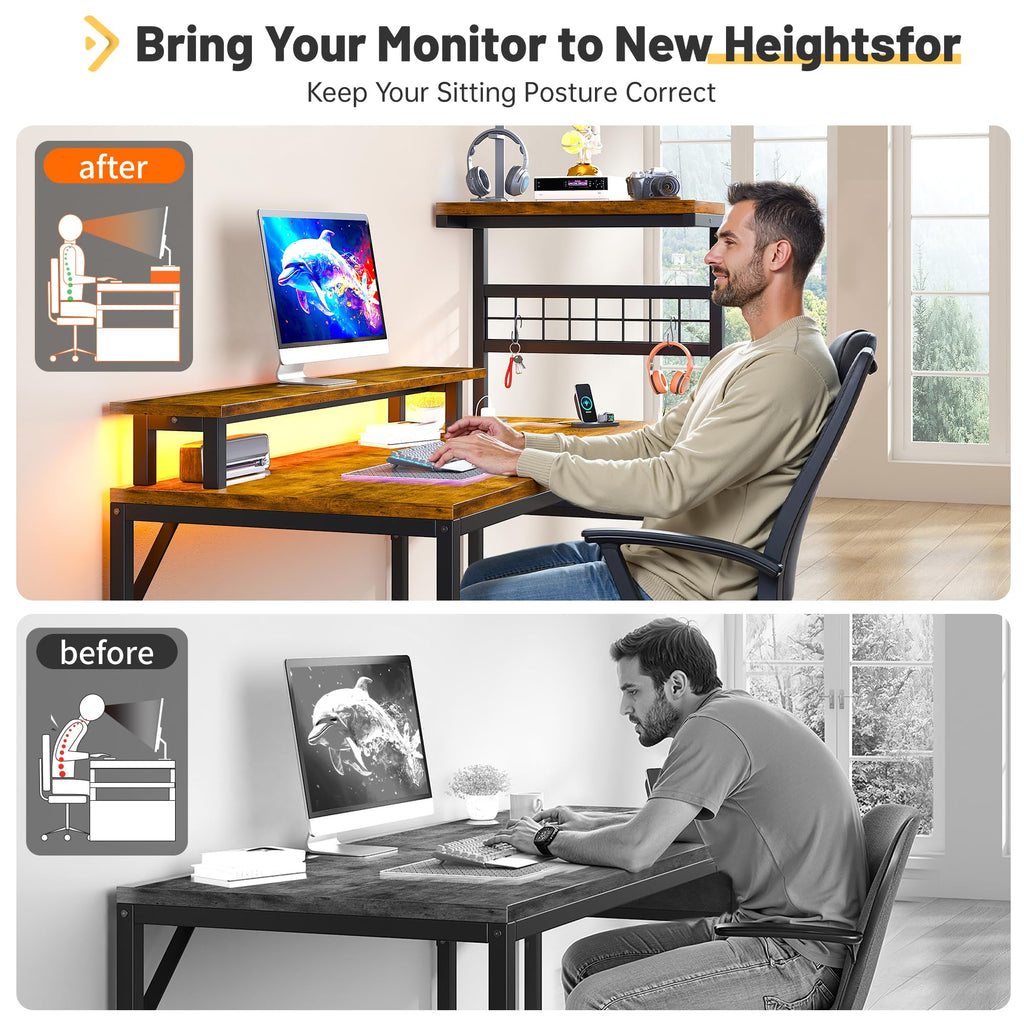 EnHomee 40" Gaming Desk with Power Outlets & LED Lights, Computer Desk with Drawer & Storage Shelve, Home Office Desk with Monitor Stand for Living Room, Study Room, Gaming Room, Black