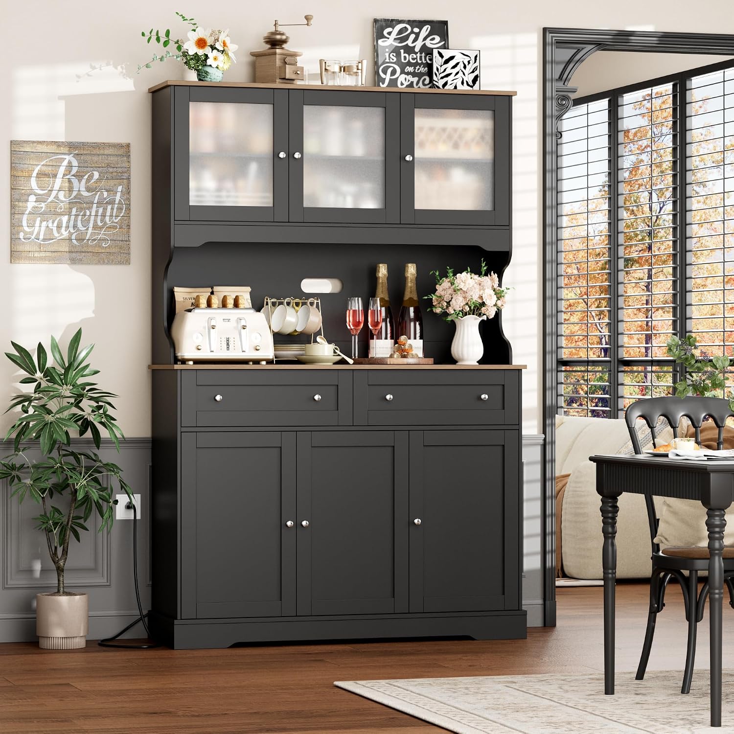 FACBOTALL 71.9" Kitchen Pantry Cabinet, Tall Storage Cabinet, Kitchen Hutch with Countertop and Outlets, Farmhouse Tall Pantry Storage with Doors and Shelves, Black