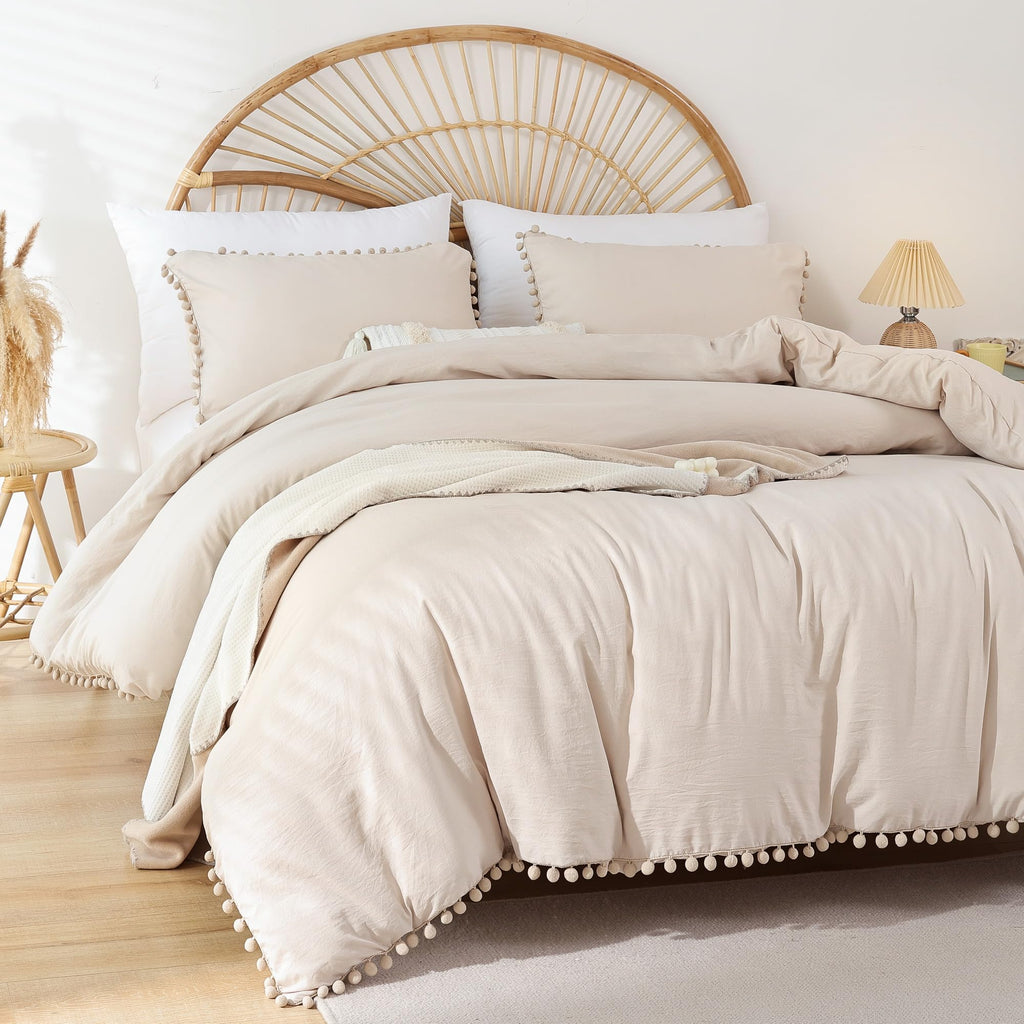 YIRDDEO Twin Comforter Set - Comforter Twin Size Bed with Ball Pom Fringe, Soft Bedding Set for All Seasons - 2 Pieces, 1 Comforter (66"x90") & 1 Pillow Sham(20"x26"), Beige