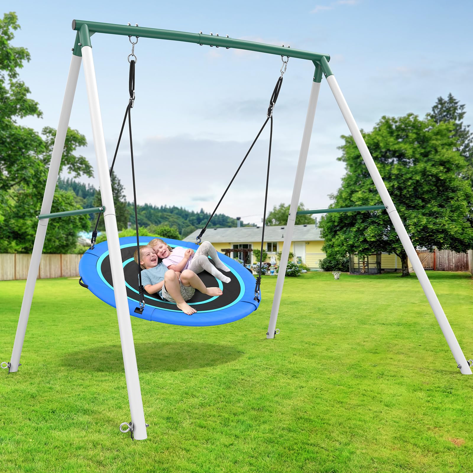 Hapfan 50" Large Saucer Swing with Frame for Kids Outdoor, 6.5 ft Tall 500 lbs Swing Sets for Backyard, Heavy Duty Metal Outdoor Swingset for Adults