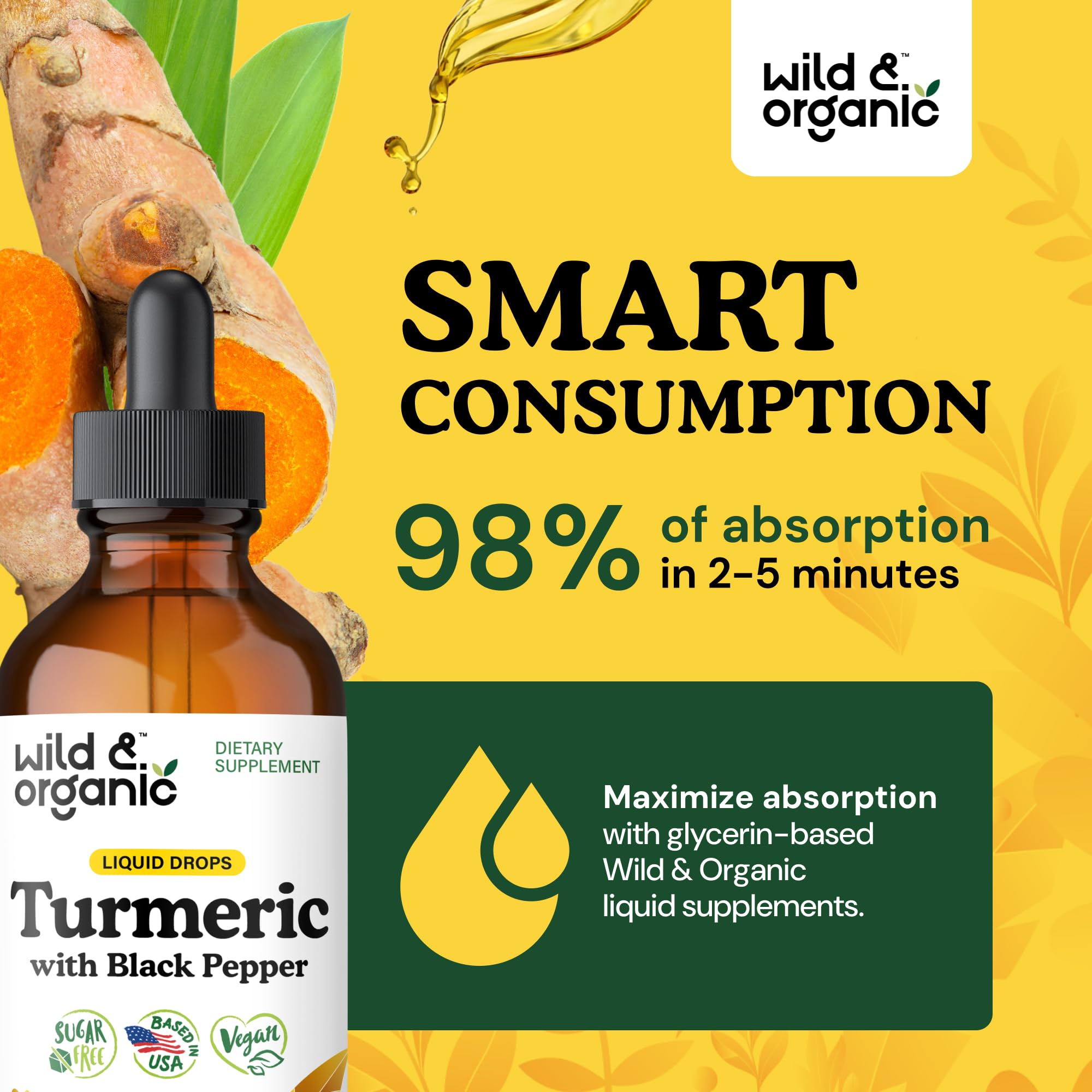 Wild & Organic Turmeric Curcumin Supplement with Black Pepper - Movement & Immune Support - Liquid Turmeric Curcumin with Black Pepper - Add to Tea Drops - Vegan, Sugar & Alcohol-Free Tincture - 2 oz