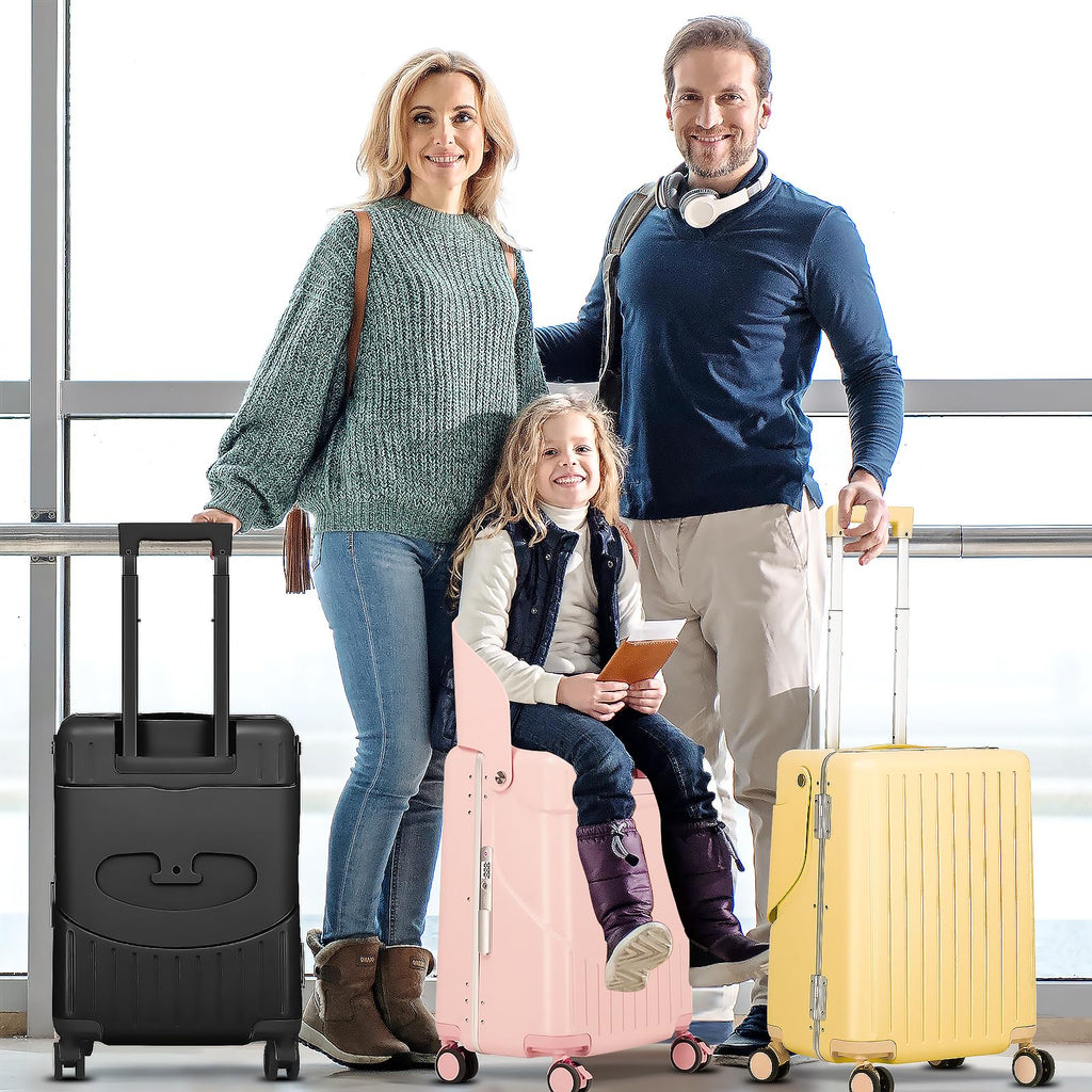 smilesun 20" Carry On Luggage with Seat For Kids & Adults，Hardside Ride On Suitcase Front Opening with 360°Spinner and TSA Lock For Travel (Black with Front Open, 20")