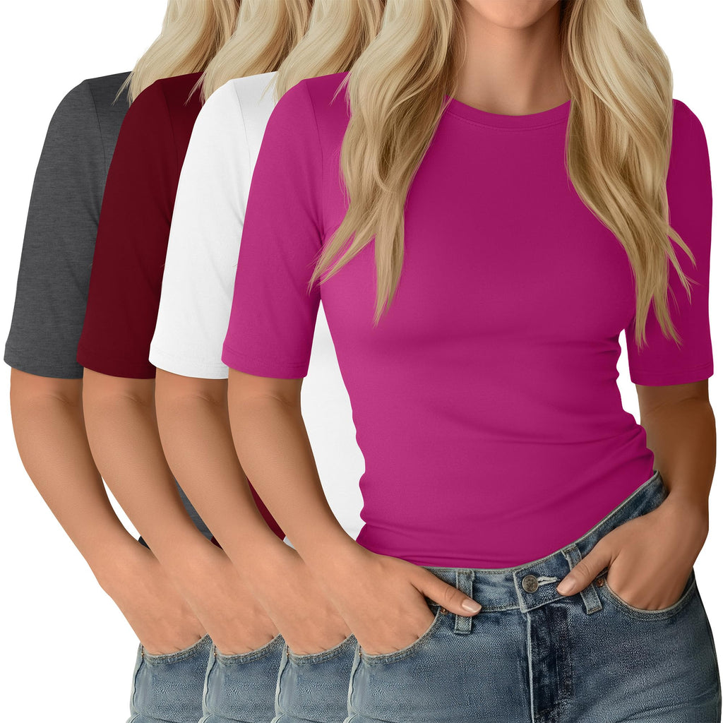 Neer 4 Pack Women's Half Sleeve Tops Elbow Length Slim Fit Crewneck T-Shirts 1/2 Sleeve Casual Summer Basic Tees