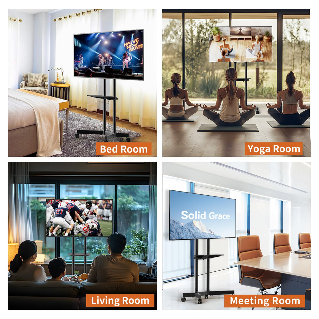 Solid Grace Rolling TV Stand with Power Outlet for 32-75 Inch TVs up to 88lbs, Portable TV Stand with Shelf, Mobile TV Cart for Living Room, Office, Meeting Room, Outdoor(with Power Outlet+Shelf)