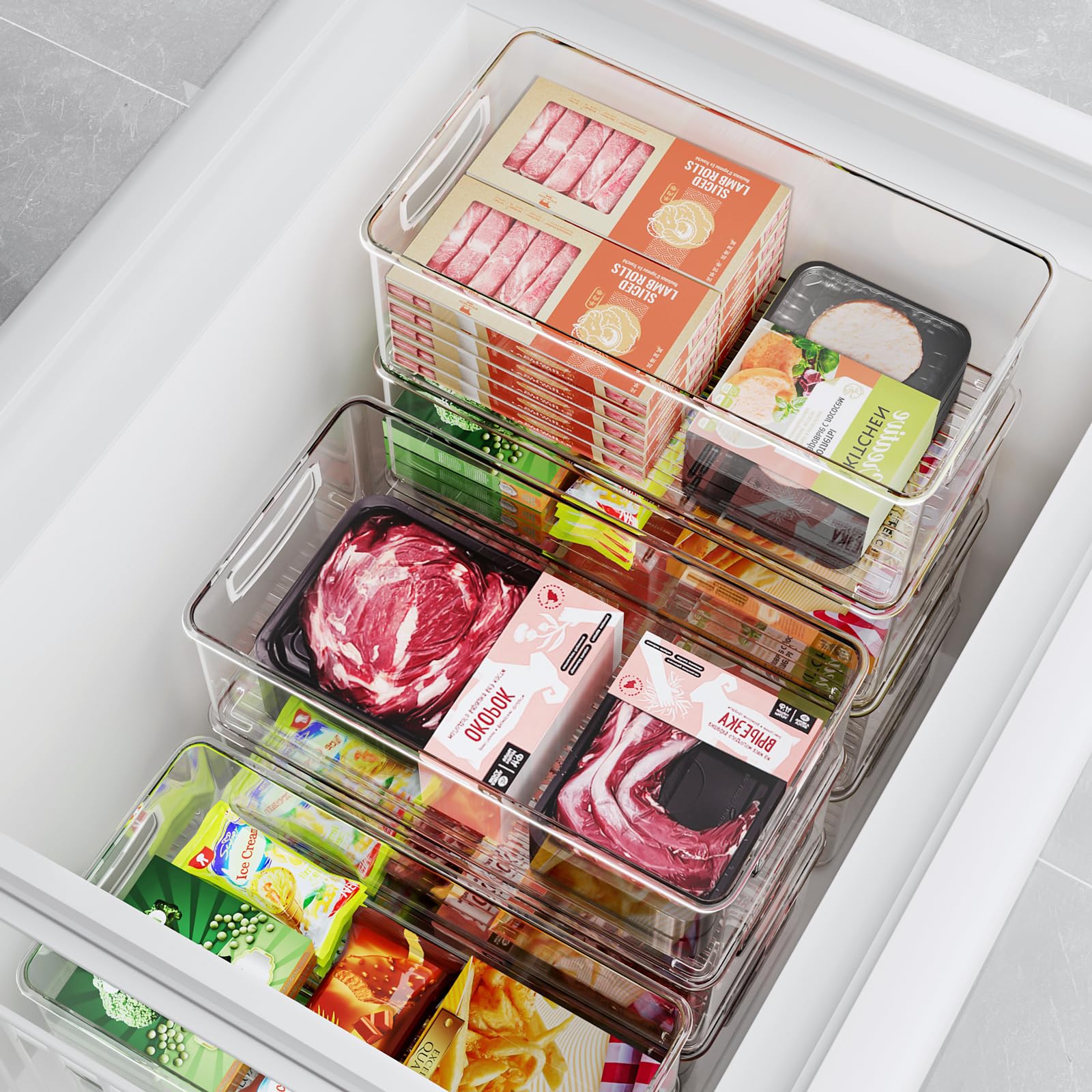 Heyuzb 2 Pack Clear Freezer Organizer Bins Stackable Storage Bins with Side Handles for Kitchen Pantry Cabinet Organzation and Storage
