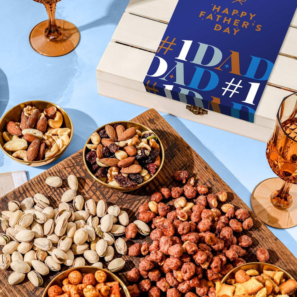 Nut Gift Basket, in Reusable Wooden Crate, Healthy Fathers Day Gift Option, Gourmet Snack Food Box, with Unique Flavors, Great for Feel Better, Sympathy & Birthday- Bonnie & Pop