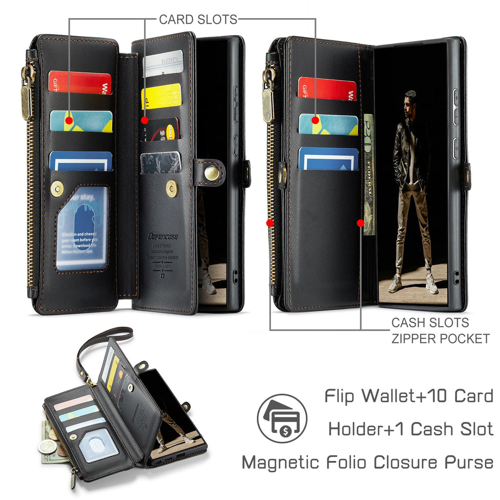 Defencase for Samsung Galaxy S25 Ultra Magnetic Wallet Case Compatible with Magsafe with RFID Blocking Zipper & Card Holder Women, PU Leather Detachable Phone Case for Galaxy S25 Ultra 6.9", Black