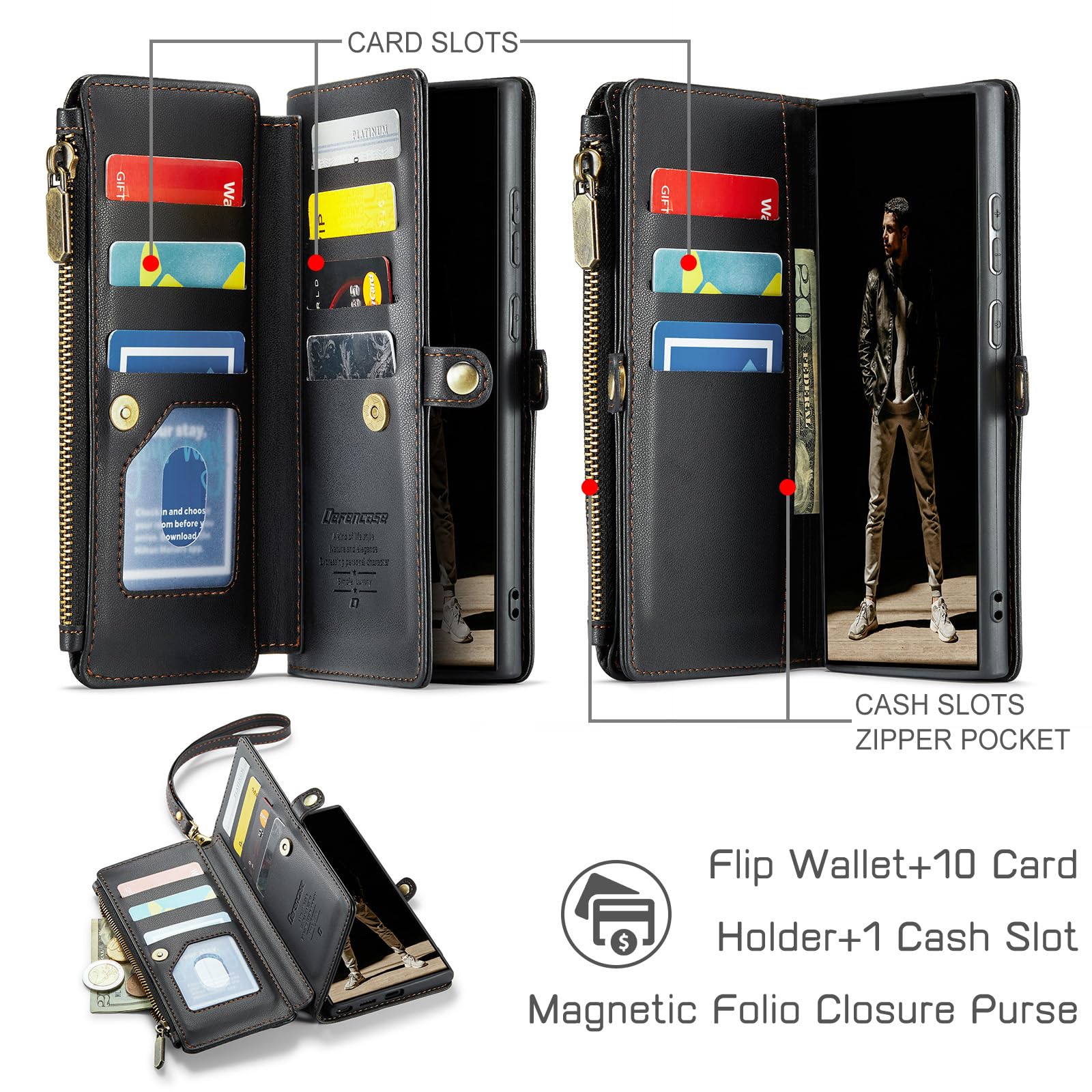 Defencase for Samsung Galaxy S25 Ultra Magnetic Wallet Case Compatible with Magsafe with RFID Blocking Zipper & Card Holder Women, PU Leather Detachable Phone Case for Galaxy S25 Ultra 6.9", Black