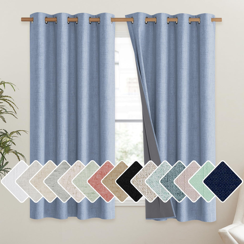 NICETOWN Linen Blackout Curtains for Kitchen, Beige, 2 Panels, 34" Wide x 48" Long, Short Kitchen Burlap Linen 100% Blackout Drape Panels for Night Shift, Great Job for Blocking Light