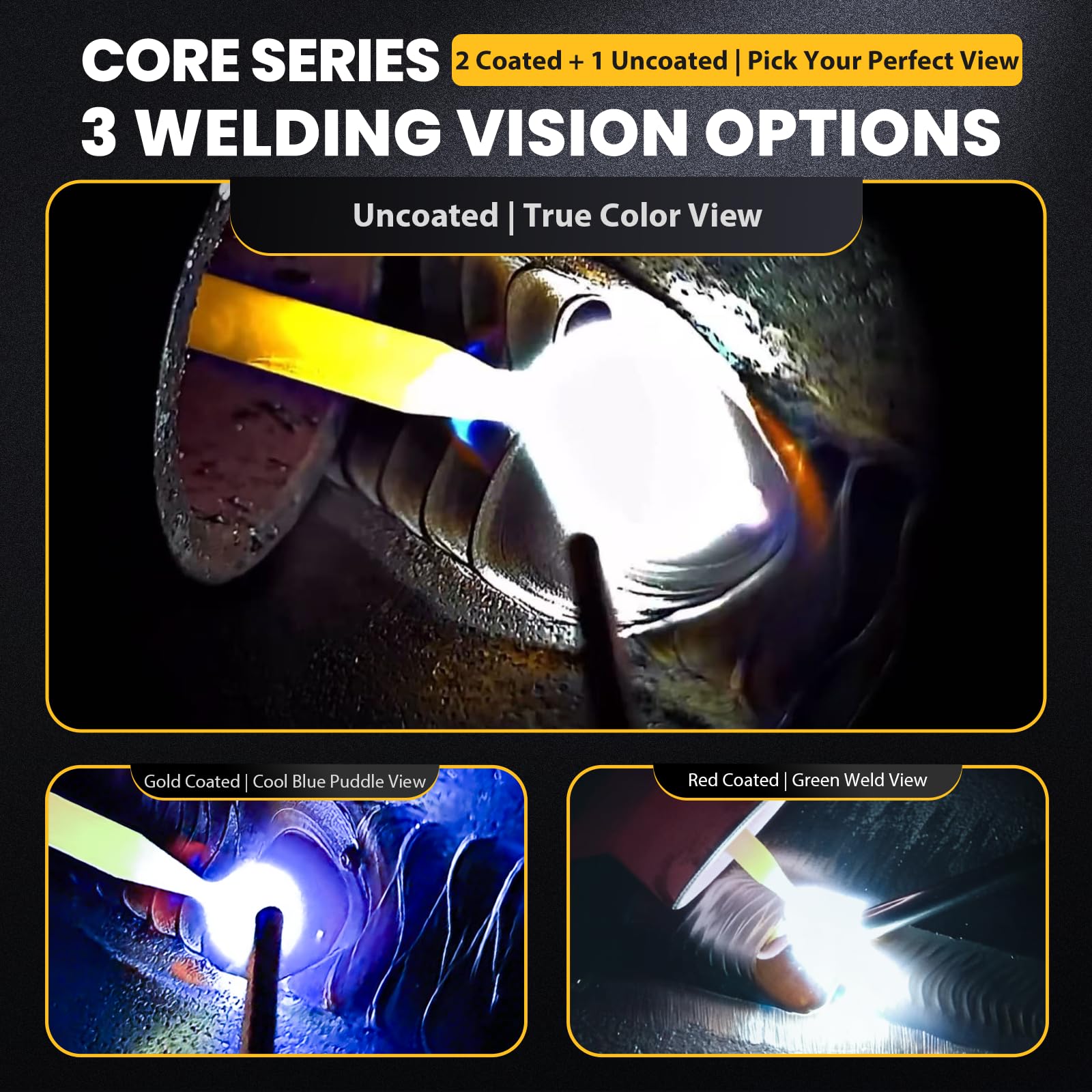 Core Series Gold Shade 9 Auto Darkening Welding Lens 2" x 4 1/4", Slim 0.2" Welding Lens with Cool Blue Puddle View for Pancake & Sugar Scoop Welding Hoods