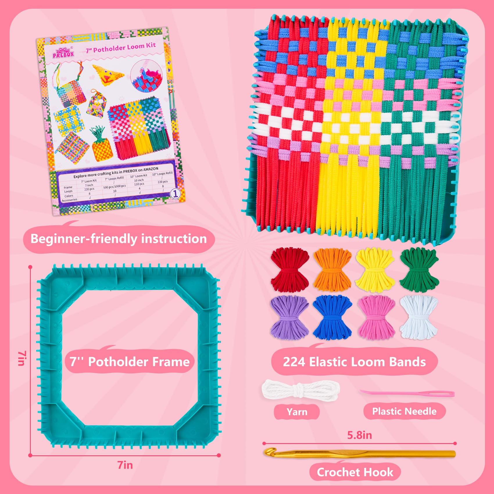 PREBOX 1000 PCS Weaving Loom Loops Refill, 10 Colors for 7 inch Potholder Loom, Craft Supplies for Kids and Beginners, Christmas & Birthday Gifts for Girls 6 7 8-10 10-12 Year Old