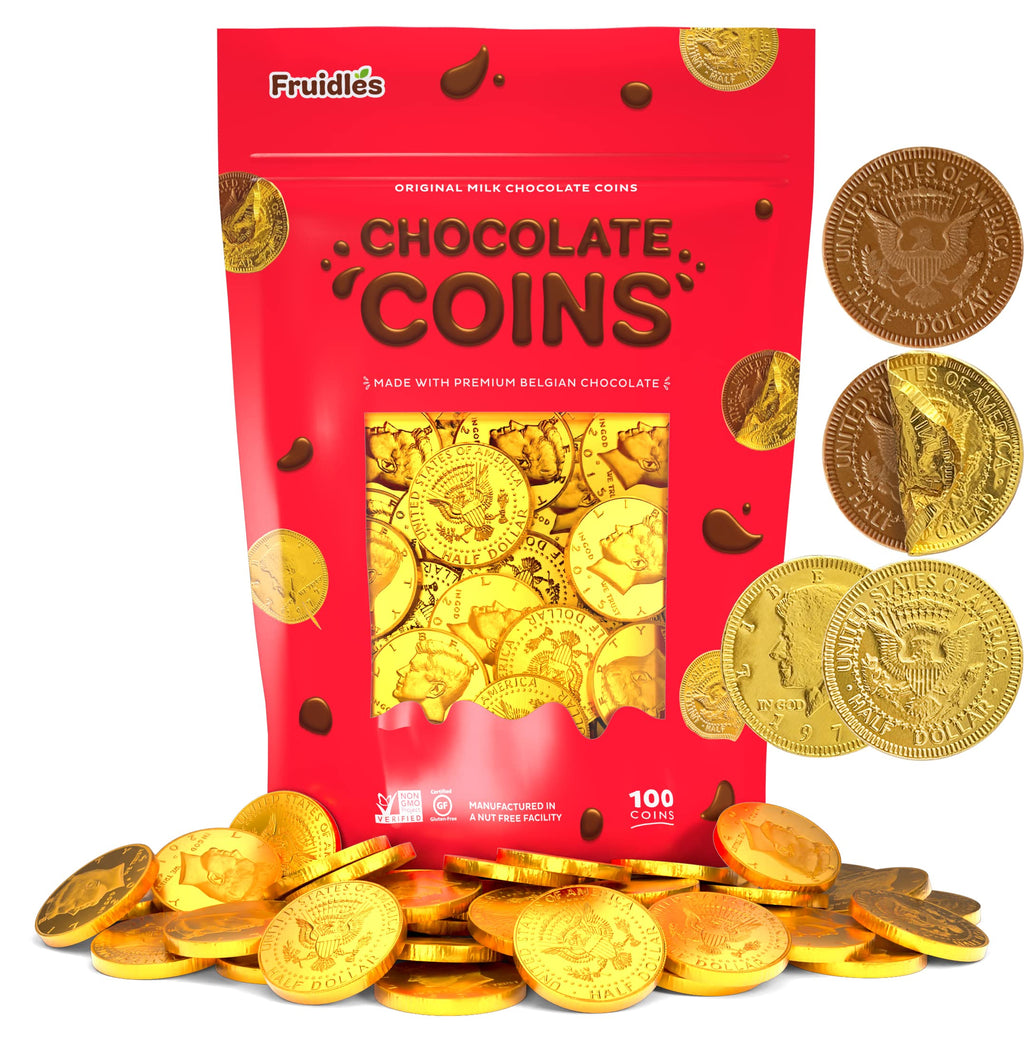 25 Edible Chocolate Coins, Gold Half Dollar Milk Chocolate, Made with Premium Belgian ingredients, Nut Free, Non-GMO, Certified Kosher Dairy 25-Pack Christmas Stocking Stuffers