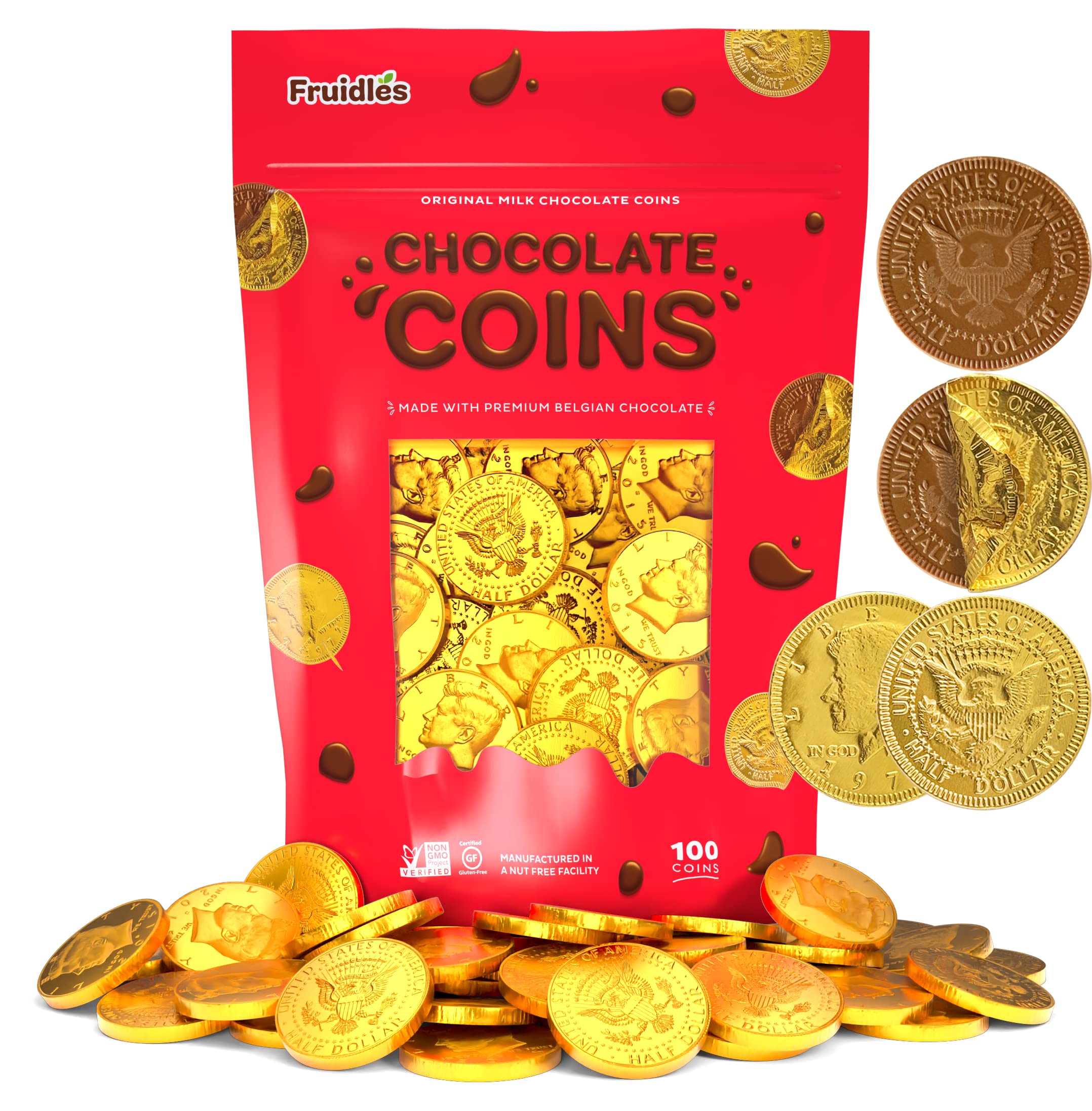 25 Edible Chocolate Coins, Gold Half Dollar Milk Chocolate, Made with Premium Belgian ingredients, Nut Free, Non-GMO, Certified Kosher Dairy 25-Pack Christmas Stocking Stuffers