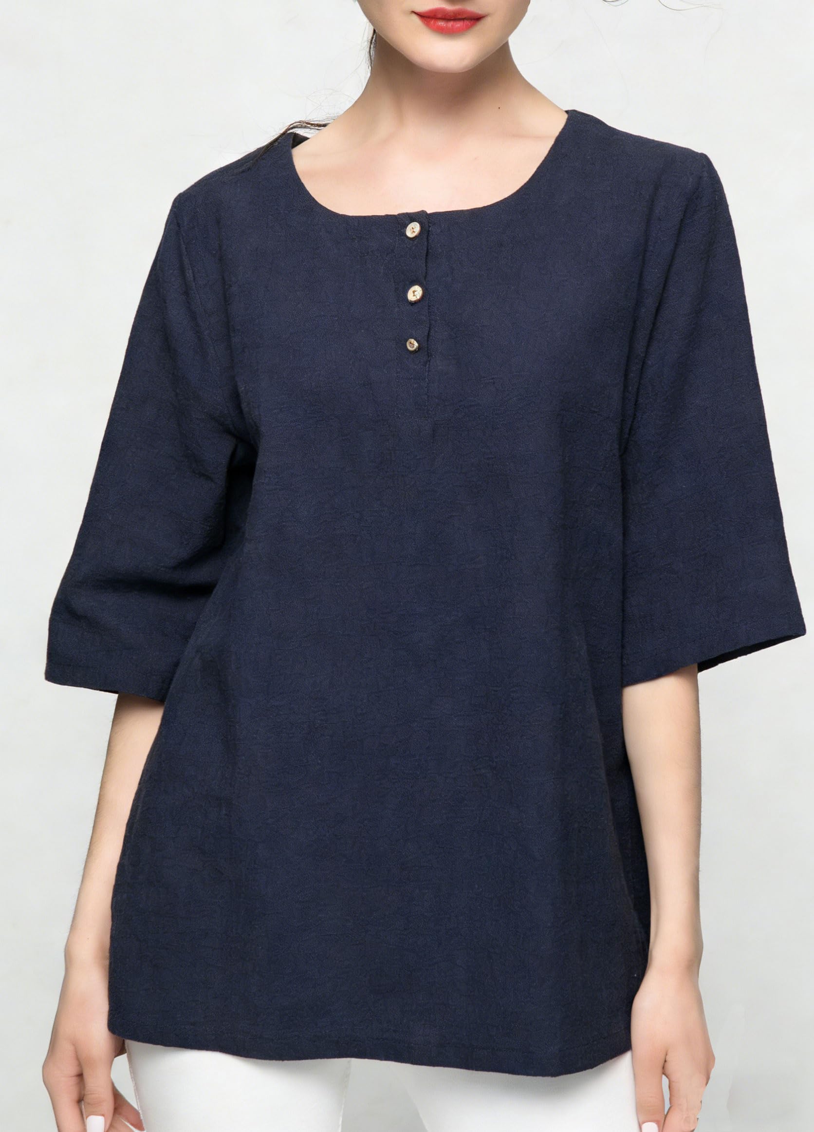 Minibee Women's 3/4 Sleeve Cotton Linen Jacquard Blouses Top T-Shirt