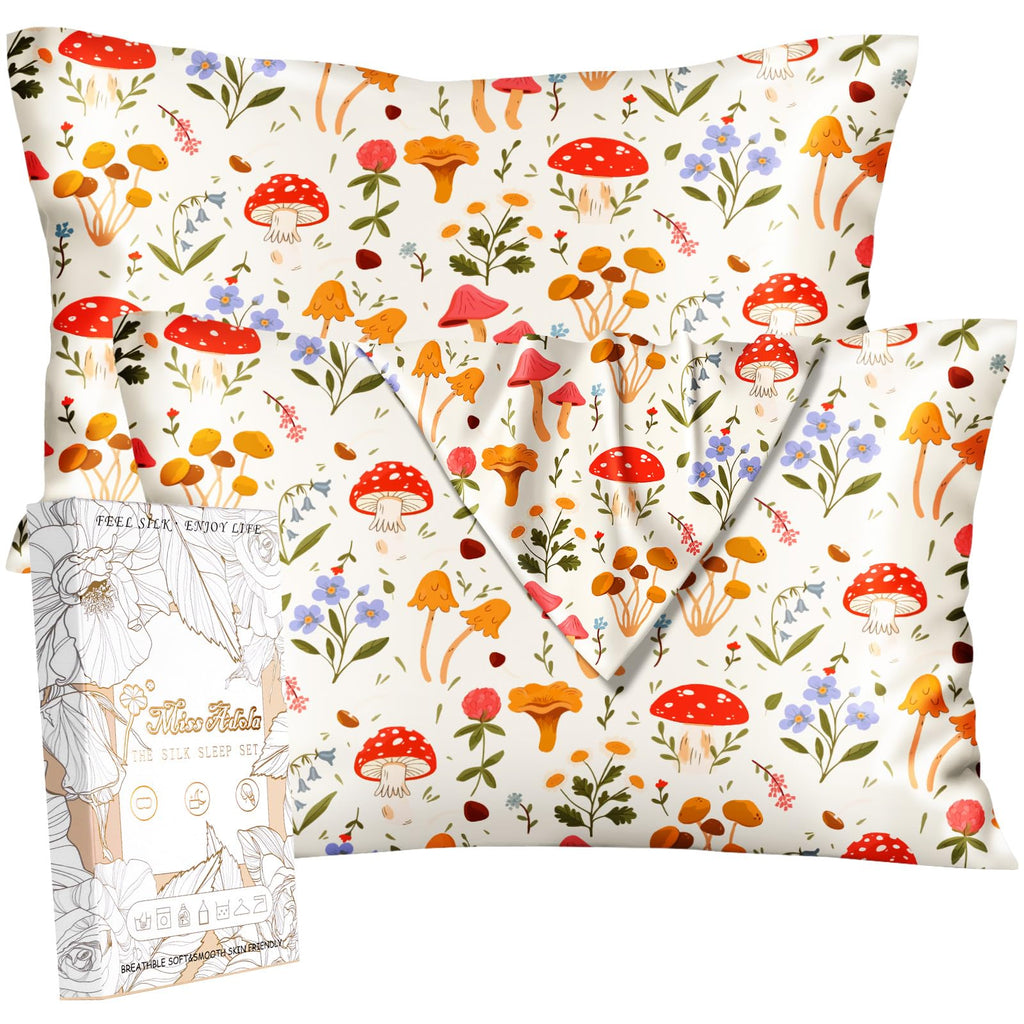 Miss Adola 2 Pack Mulberry Silk Pillowcase for Hair and Skin - Standard Size 20 x 26 Inches with Hidden Zipper Beige Flower 19 Momme Soft Sleeping Silk Pillow Case for Women, Moms