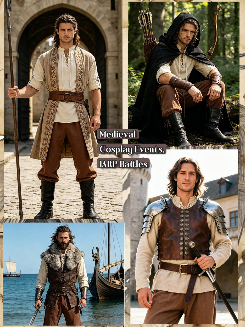 Verceco Mens Pirate Costume Outfit Renaissance Costume Men Medieval Outfit With Pirate Pants Shirts Sash Accessories (Black, Medium)