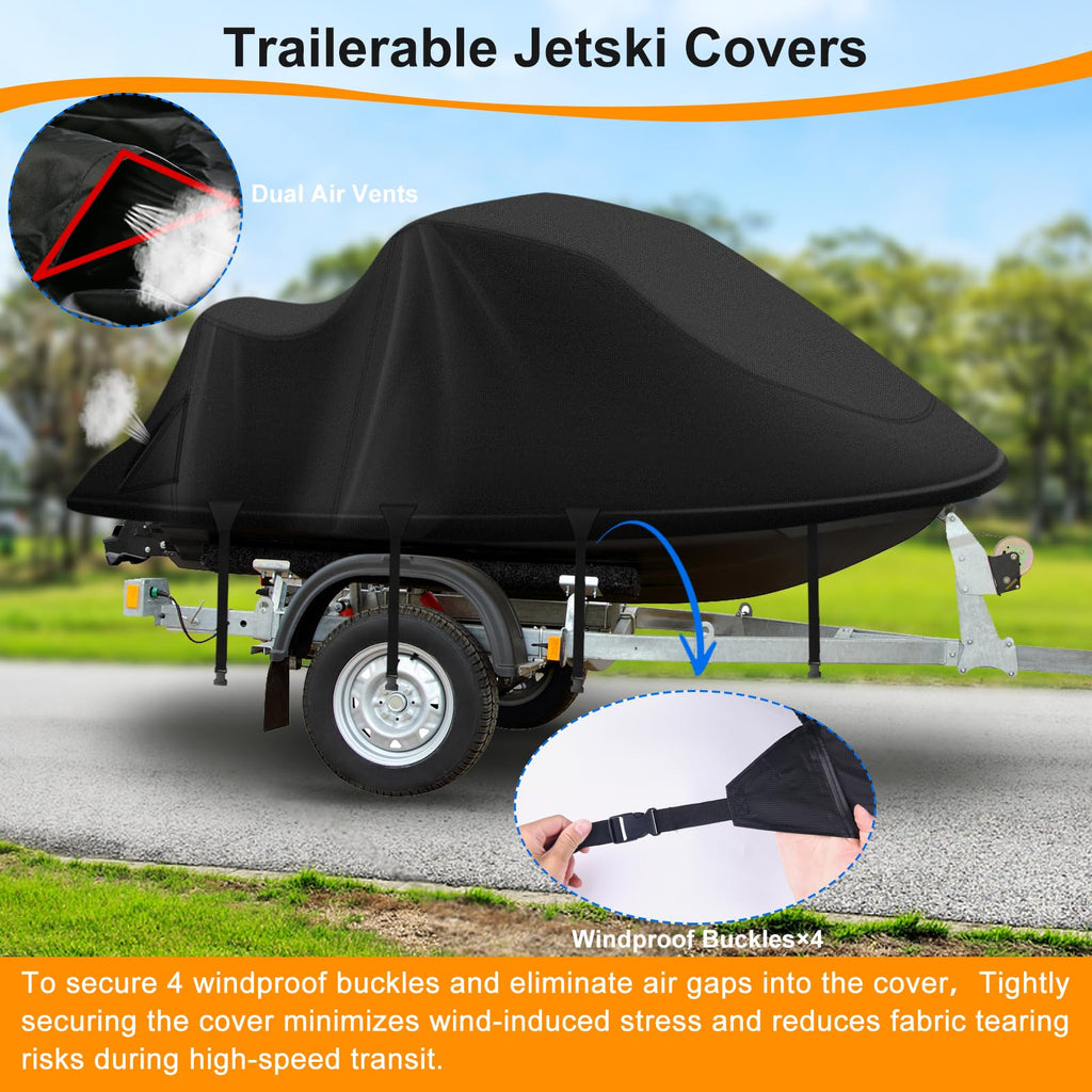 Jet Ski Cover,Heavy Duty 900D Oxford Jetski Cover 2 3 Seater with 2 Air Vents，4 Windproof Buckles，Easy On，Jetski Cover Waterproof for Seadoo Spark,Yamaha,All Weather Protection(Black, XL:115"-120")