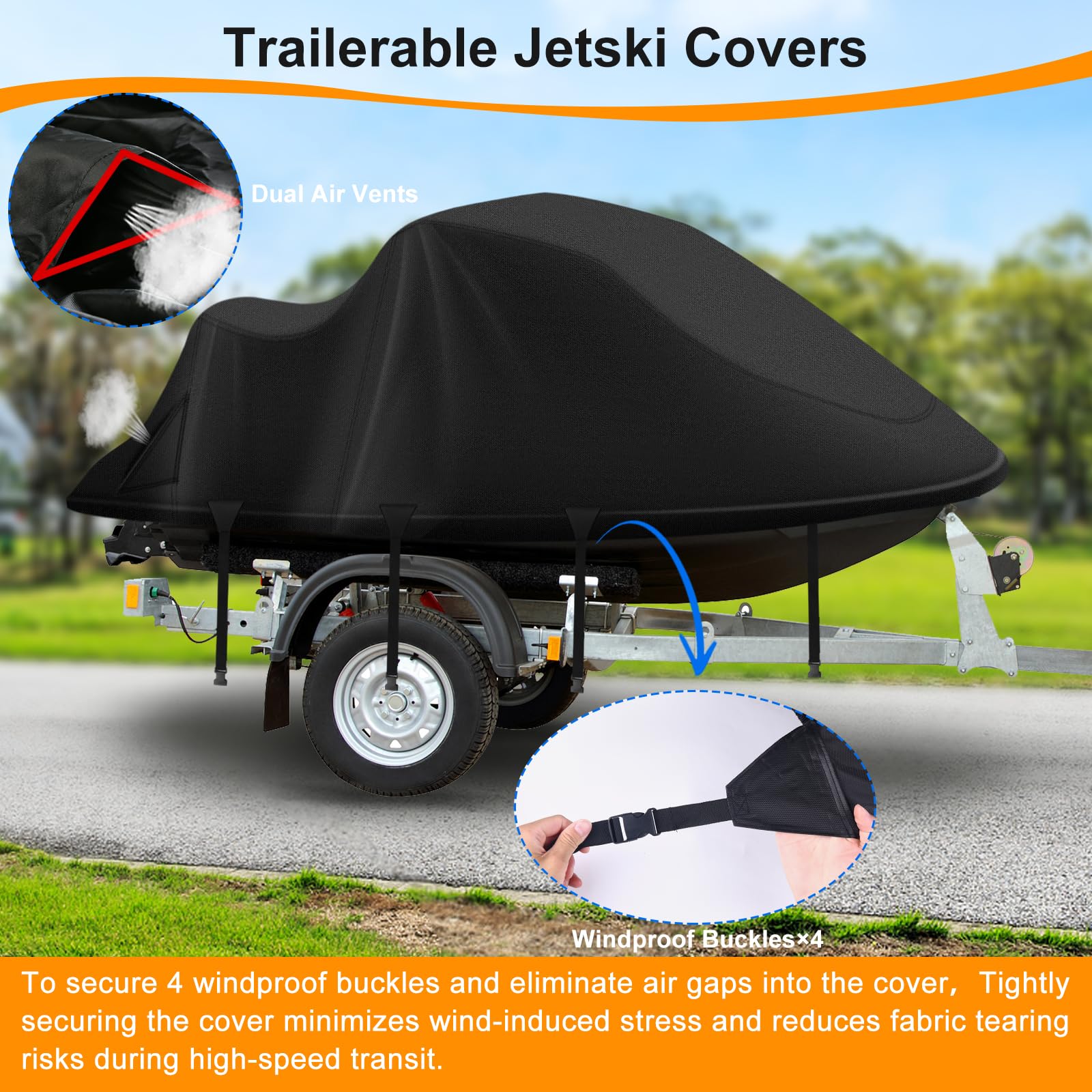 Jet Ski Cover,Heavy Duty 900D Oxford Jetski Cover 2 3 Seater with 2 Air Vents，4 Windproof Buckles，Easy On，Jetski Cover Waterproof for Seadoo Spark,Yamaha,All Weather Protection(Black, XL:115"-120")