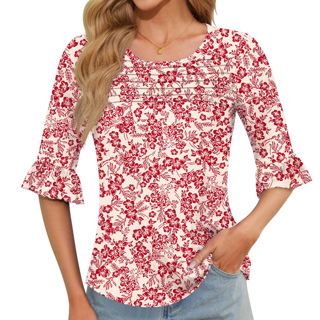Blingfit Womens Tops 3/4 Length Sleeve Dressy Casual Shirts Bell Sleeve Front Pleated Fasion Trendy Summer Blouses 2026