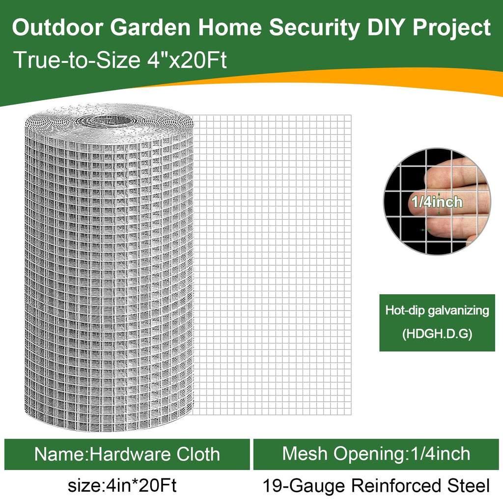 4in x 20ft Hardware Cloth Hot-Dip Galvanized Welded Chicken Wire Fencing - Heavy Duty 1/4inch 19 Gauge Wire Mesh for Garden, Chicken Coop, Rabbit Cage, Rodent & Predator Protection